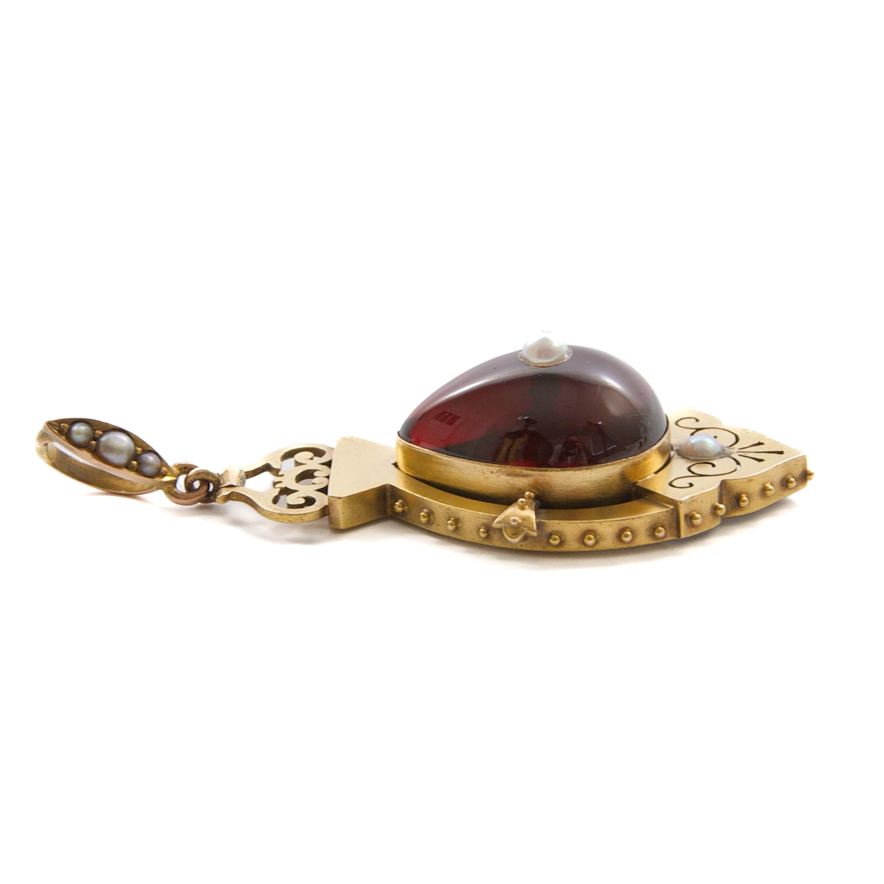 Antique Victorian 9K Gold Locket Pendant with Garnet and Seed Pearls, Circa 1870 For Sale 5