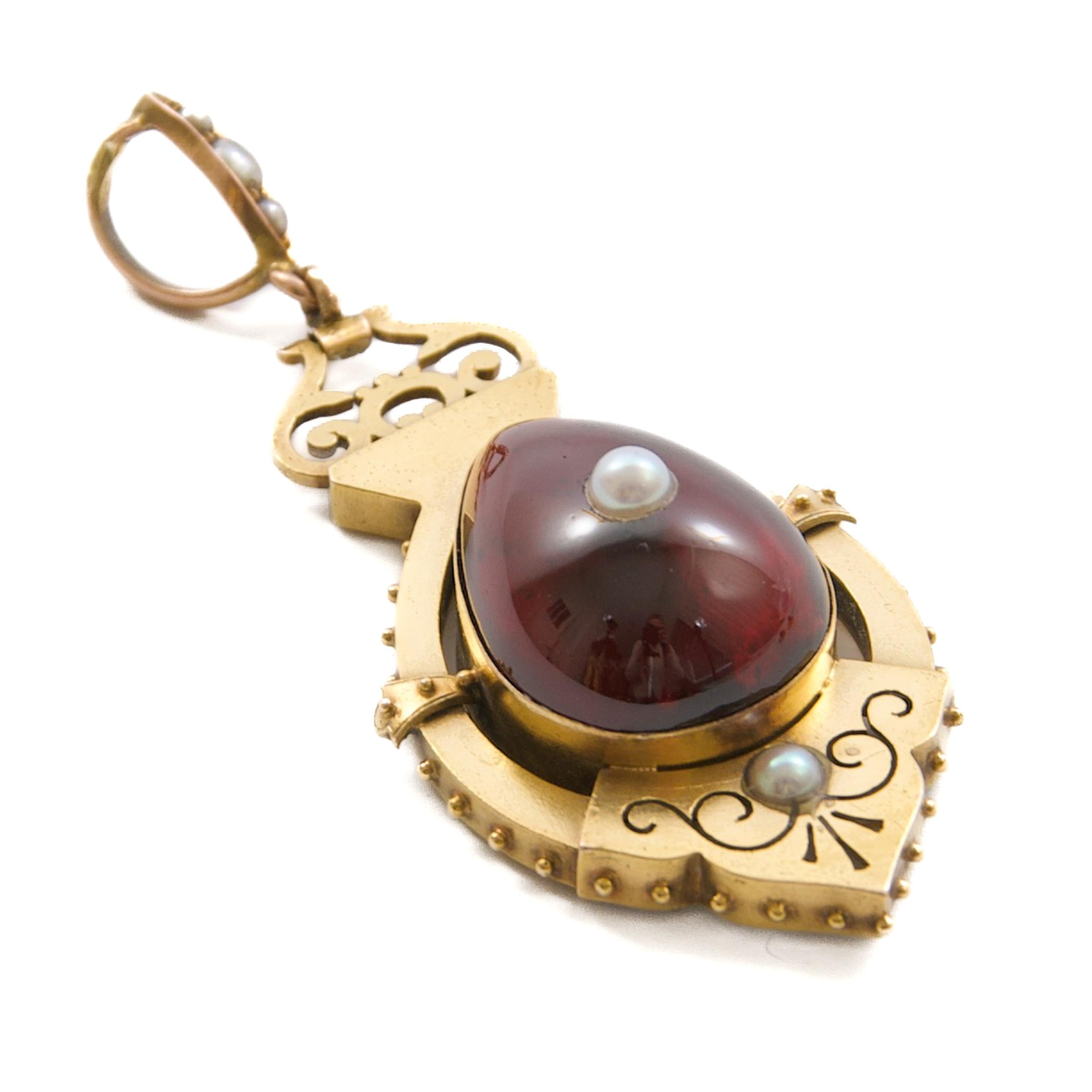 Women's or Men's Antique Victorian 9K Gold Locket Pendant with Garnet and Seed Pearls, Circa 1870 For Sale