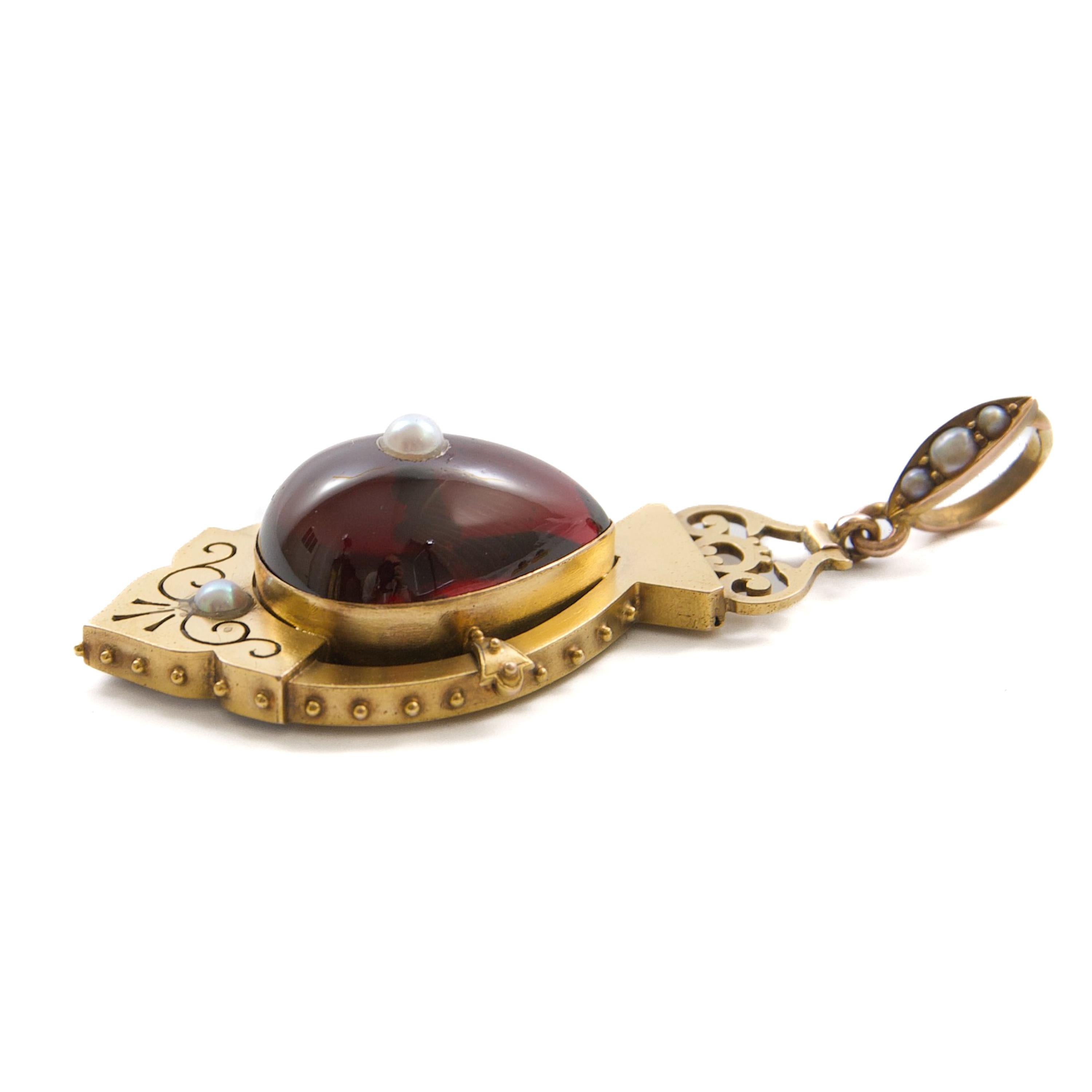 Antique Victorian 9K Gold Locket Pendant with Garnet and Seed Pearls, Circa 1870 For Sale 1