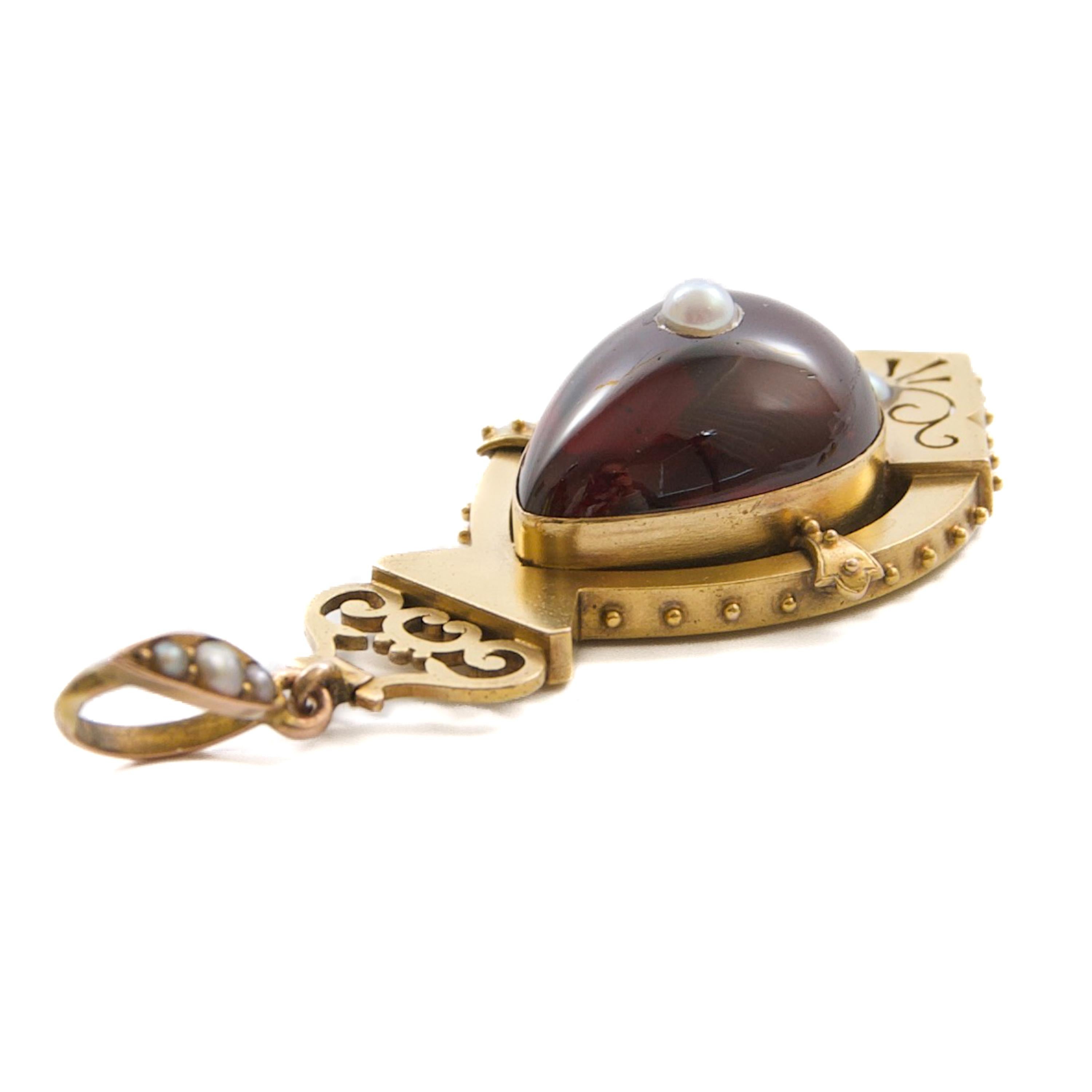 Antique Victorian 9K Gold Locket Pendant with Garnet and Seed Pearls, Circa 1870 For Sale 3
