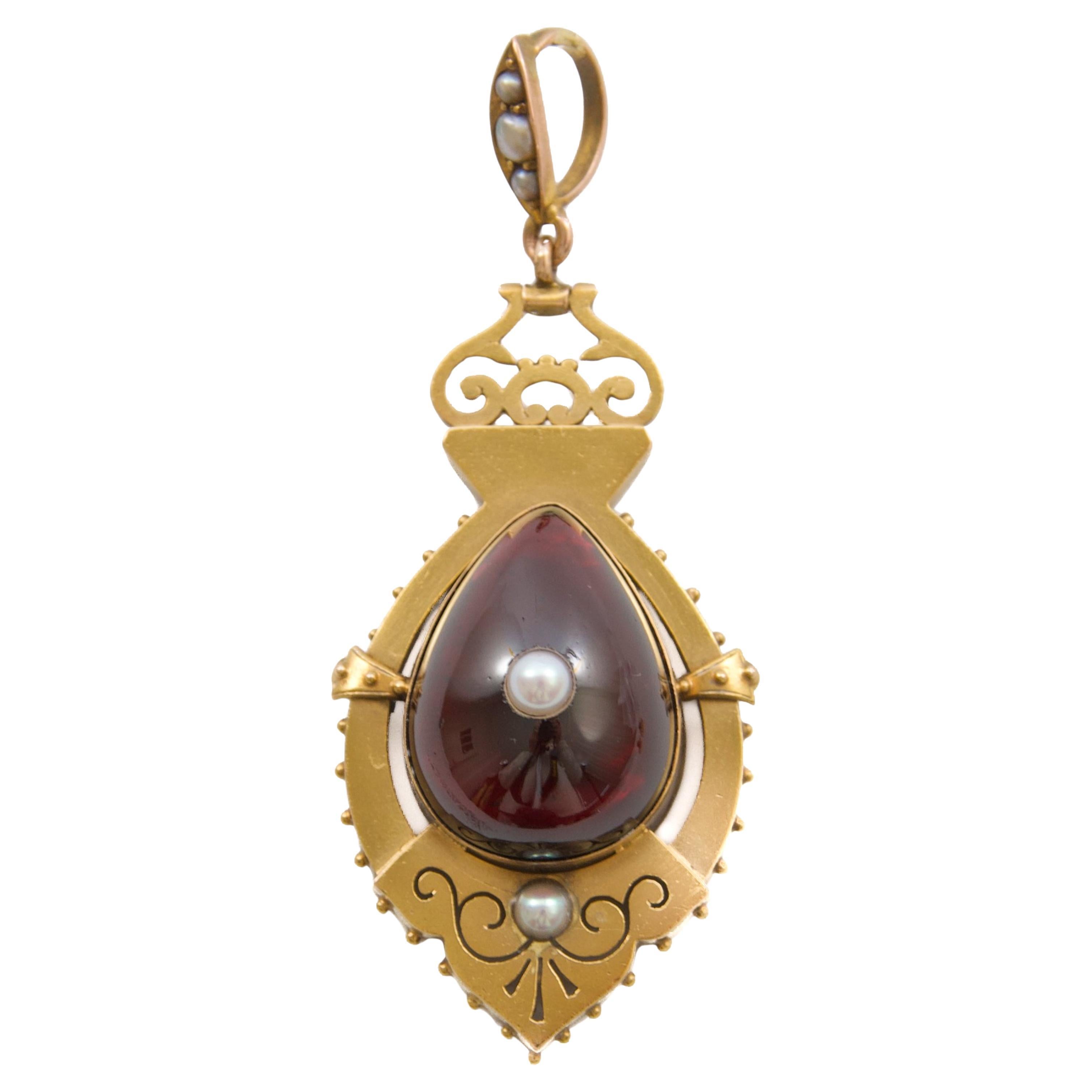 Antique Victorian 9K Gold Locket Pendant with Garnet and Seed Pearls, Circa 1870 For Sale
