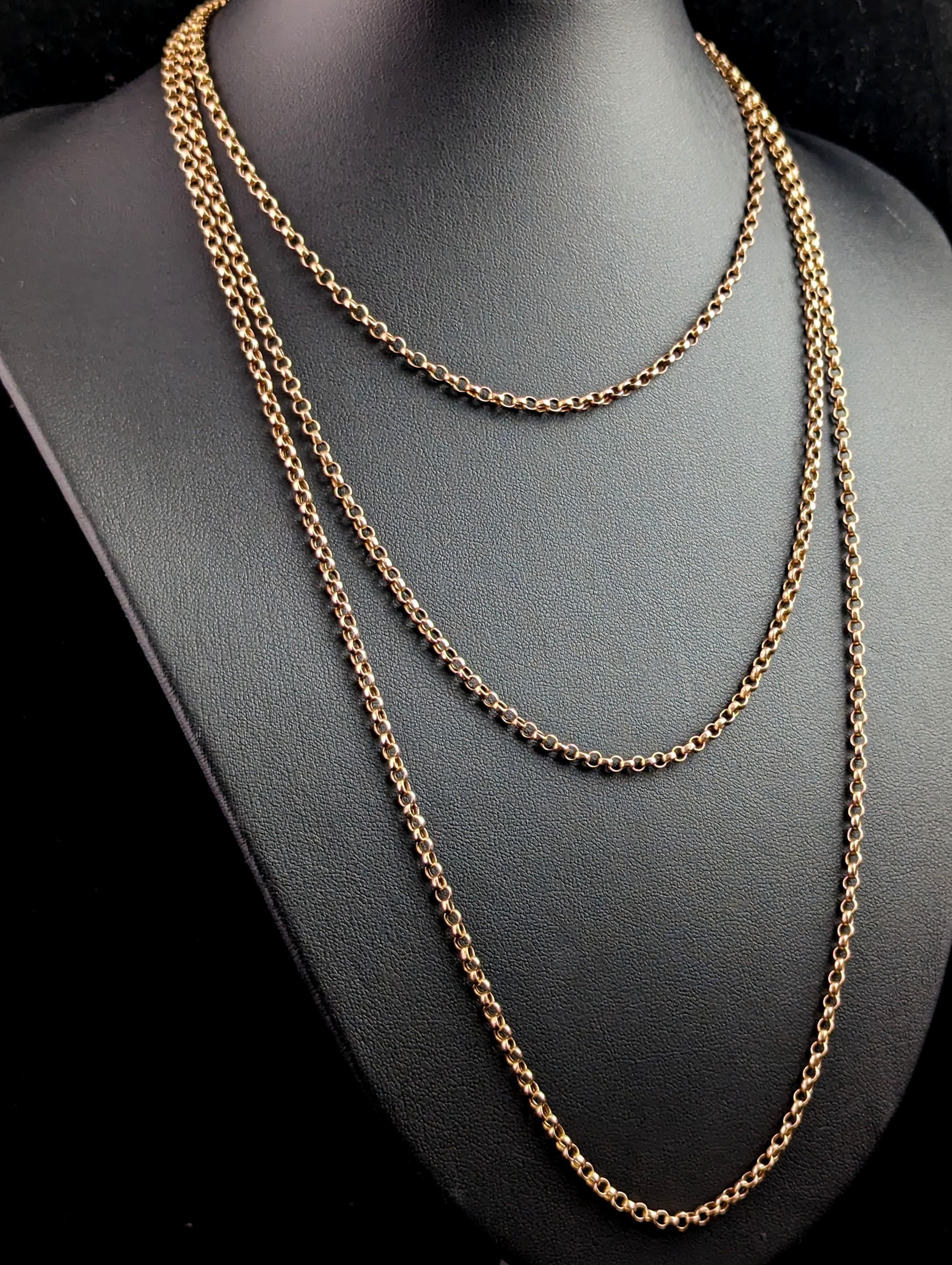 Women's Antique Victorian 9k Gold Longuard Chain Necklace, Muff Chain, Belcher Link