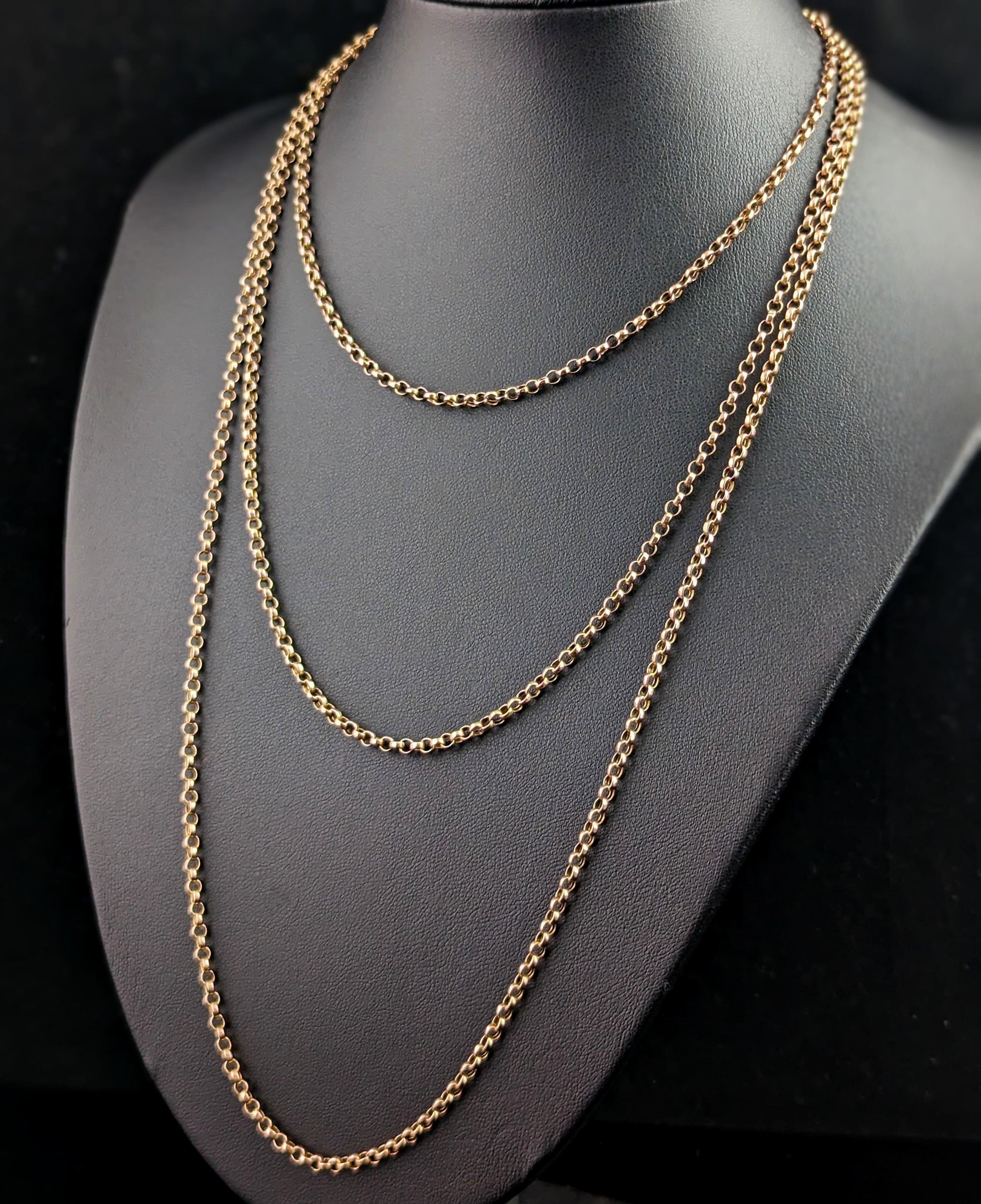 Antique Victorian 9k Gold Longuard Chain Necklace, Muff Chain, Belcher Link 1