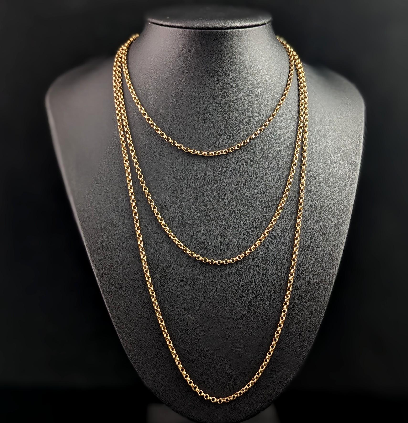 Antique Victorian 9k Gold Longuard Chain Necklace, Muff Chain, Belcher Link 2