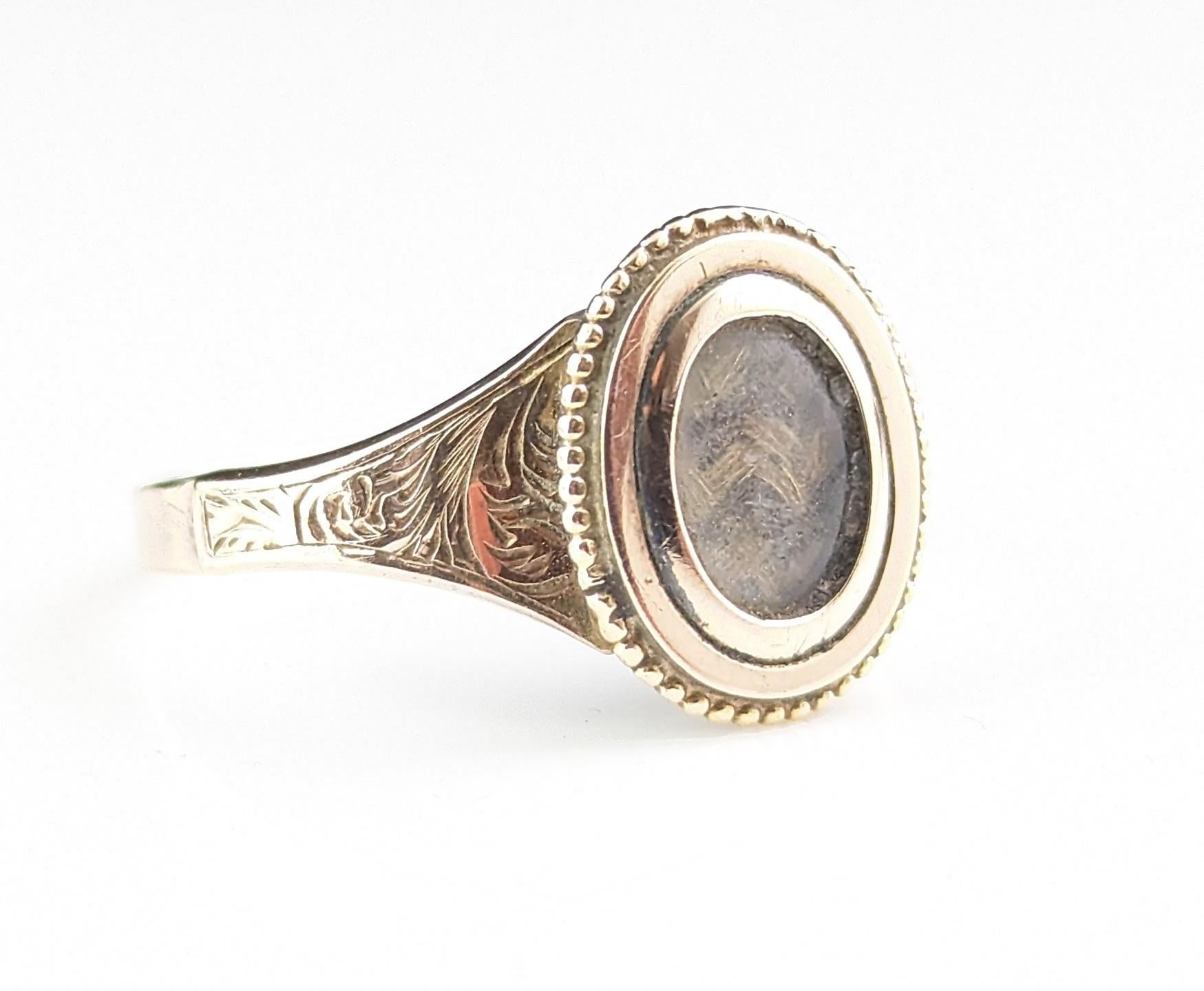Antique Victorian 9k gold mourning ring, Hairwork  4