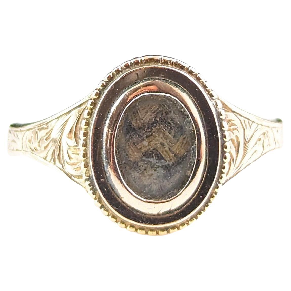 Antique Victorian 9k gold mourning ring, Hairwork 