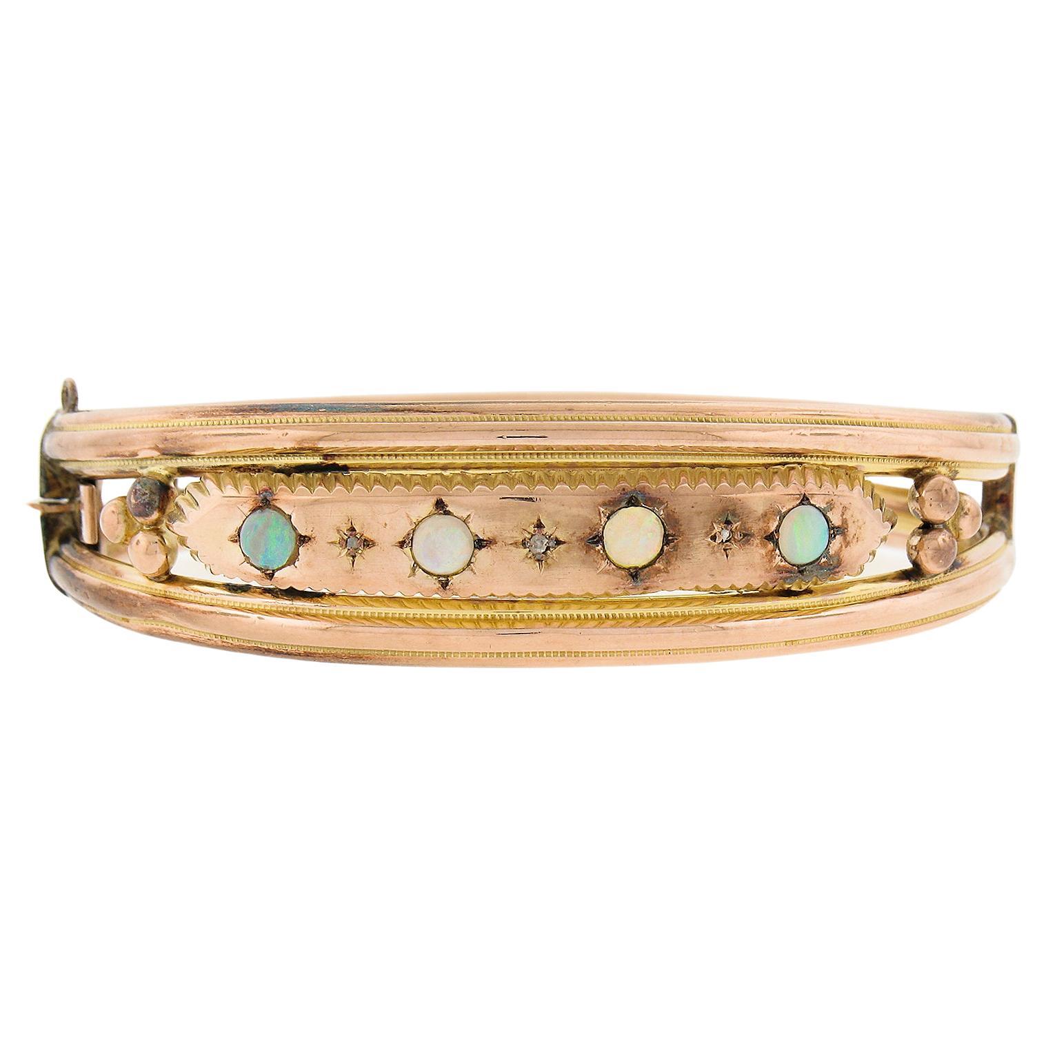 Antique Victorian 9k Gold Opal & Rose Cut Diamond Wide Hinged Bangle Bracelet