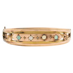 Bracelet jonc victorien ancien à charnières larges en or 9 carats, opale et diamants taille rose