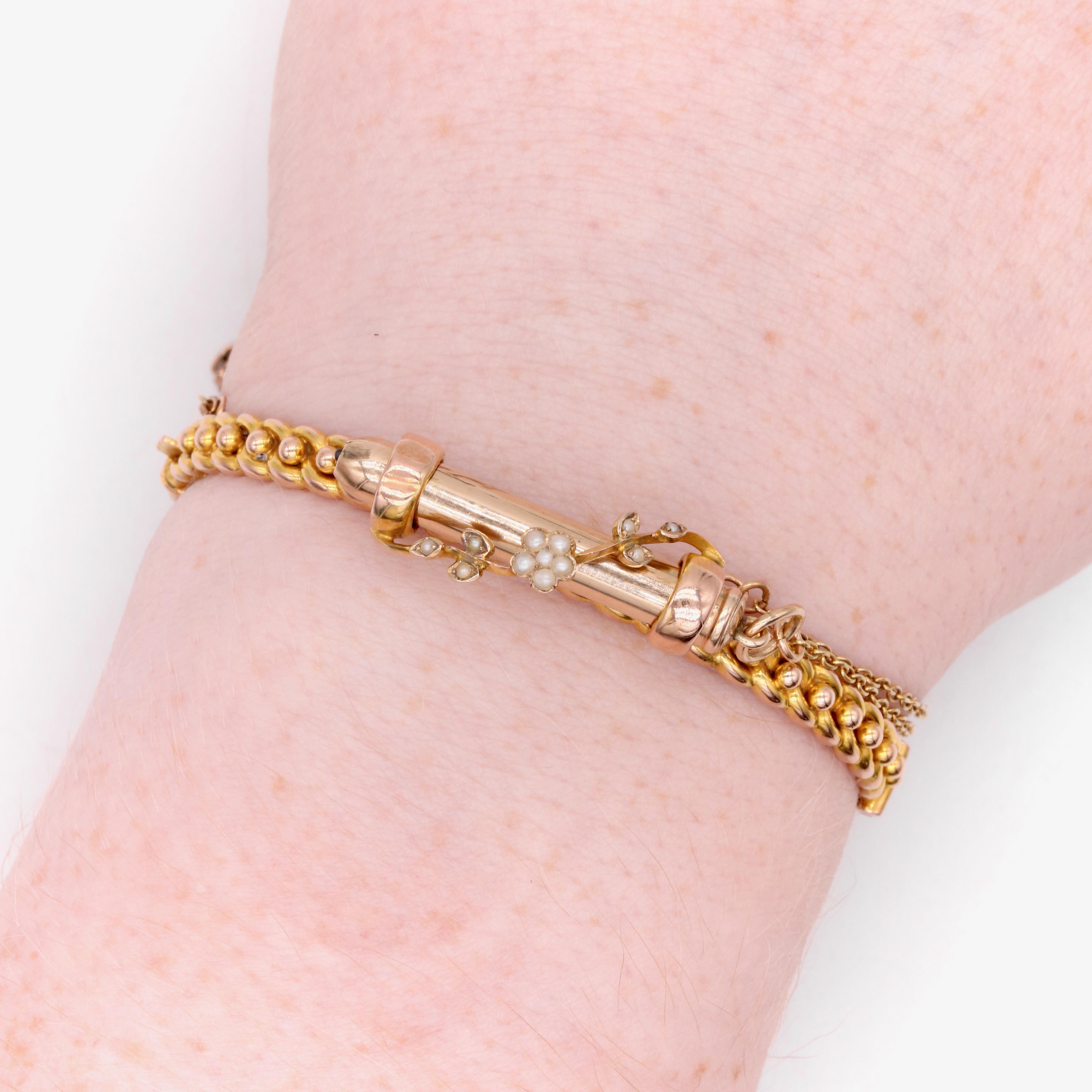 Bracelet ancien victorien propulsant un crayon en or 9 carats et perles dans un coffret ancien en vente 6