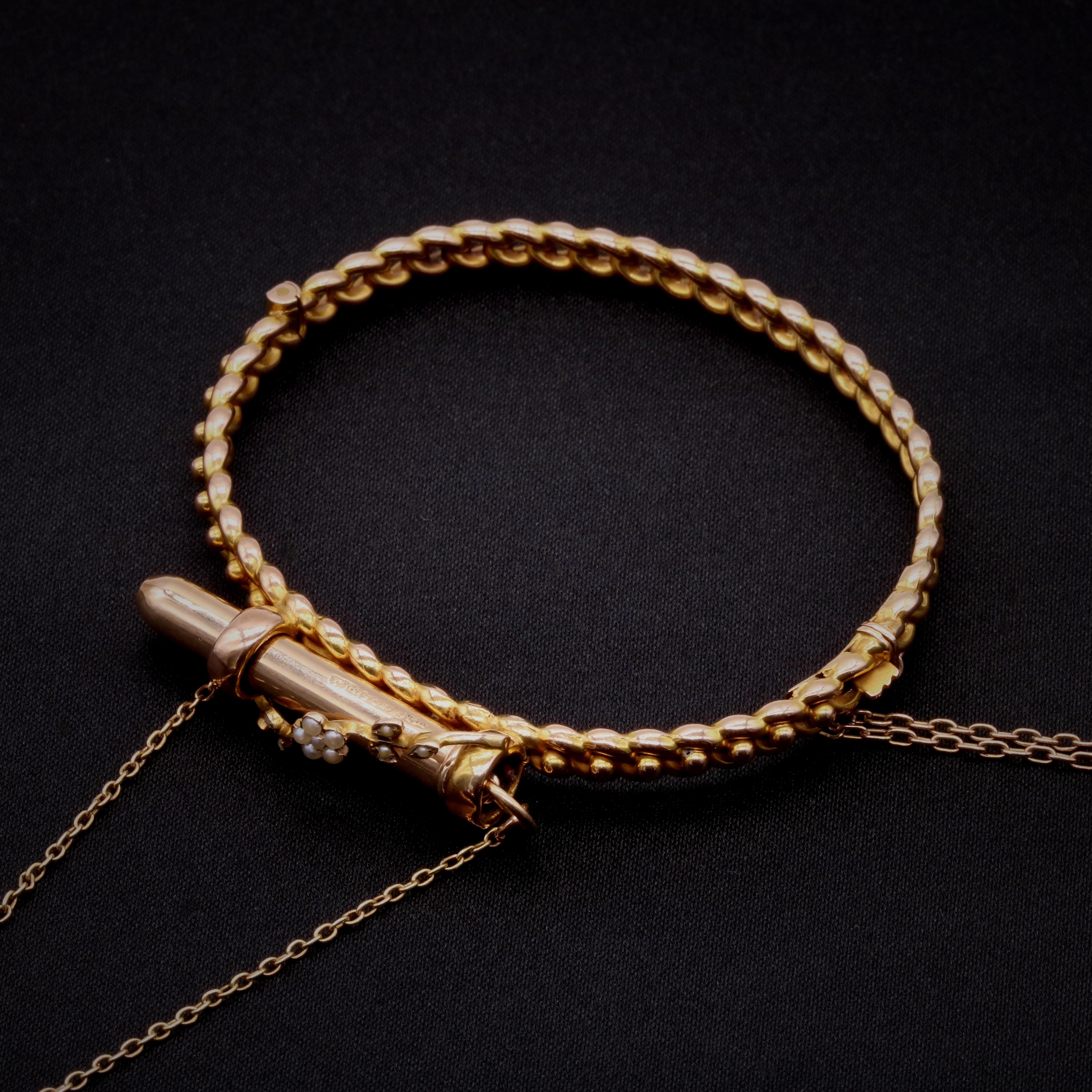 Bracelet ancien victorien propulsant un crayon en or 9 carats et perles dans un coffret ancien en vente 1