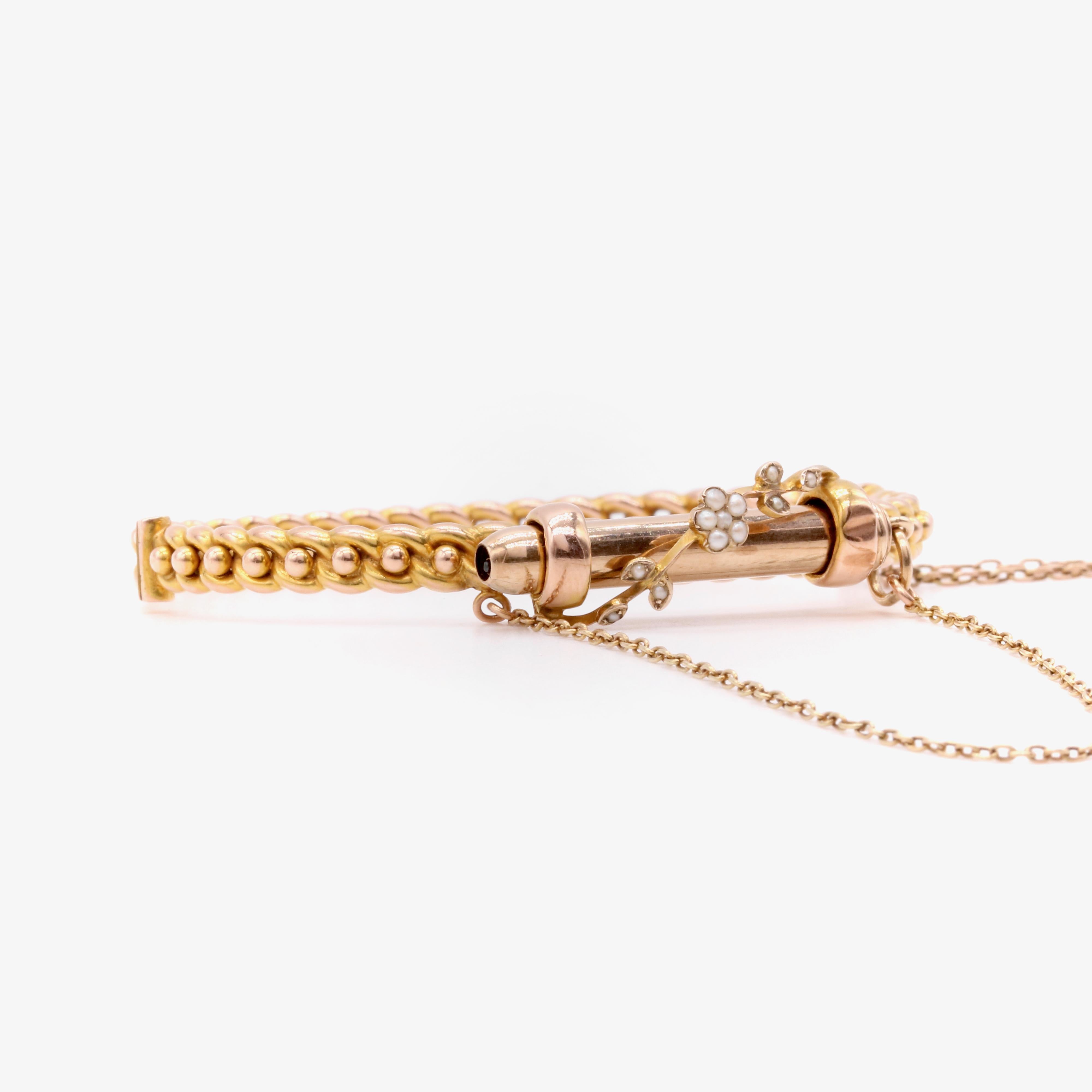 Bracelet ancien victorien propulsant un crayon en or 9 carats et perles dans un coffret ancien en vente 3
