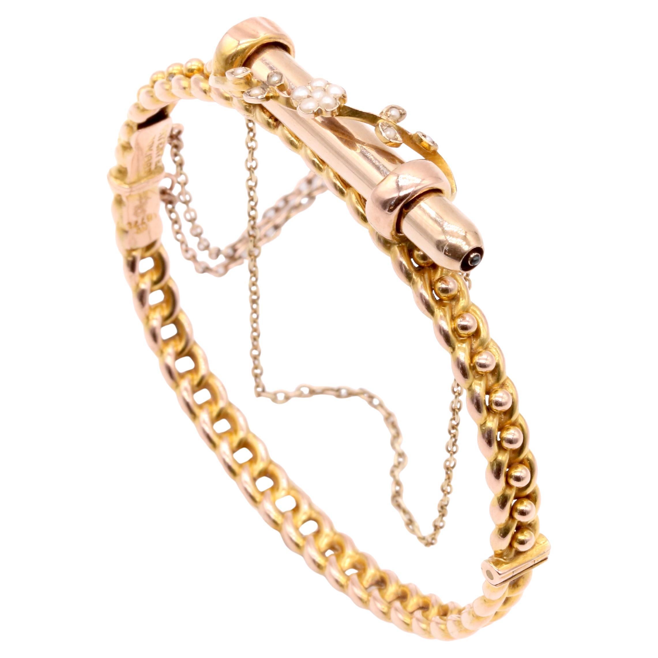 Antique Victorian 9K Gold Pearl Propelling Pencil Bracelet in Antique Case