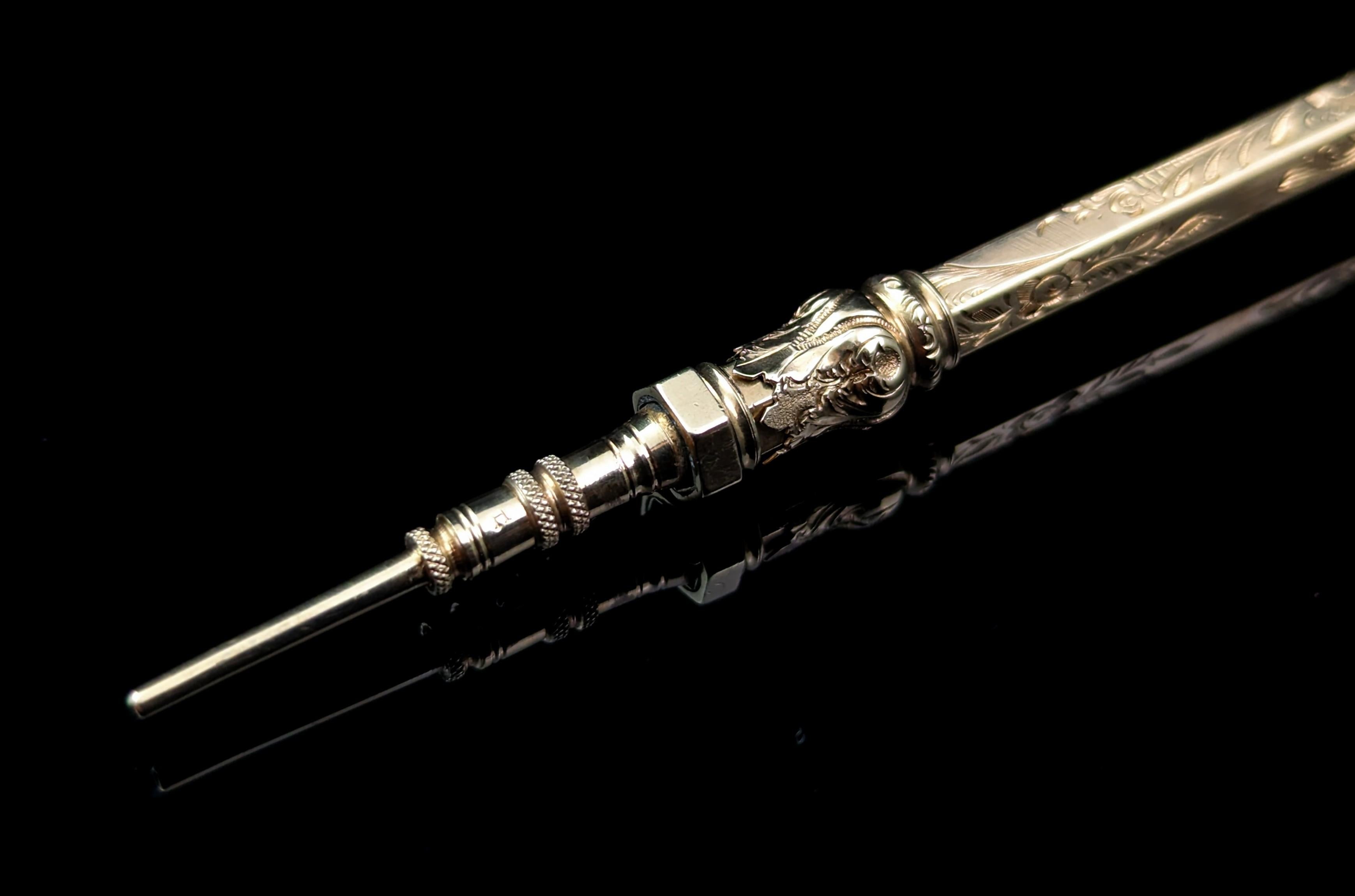 Antique Victorian 9k Gold Propelling Pencil, Citrine Seal Top 2