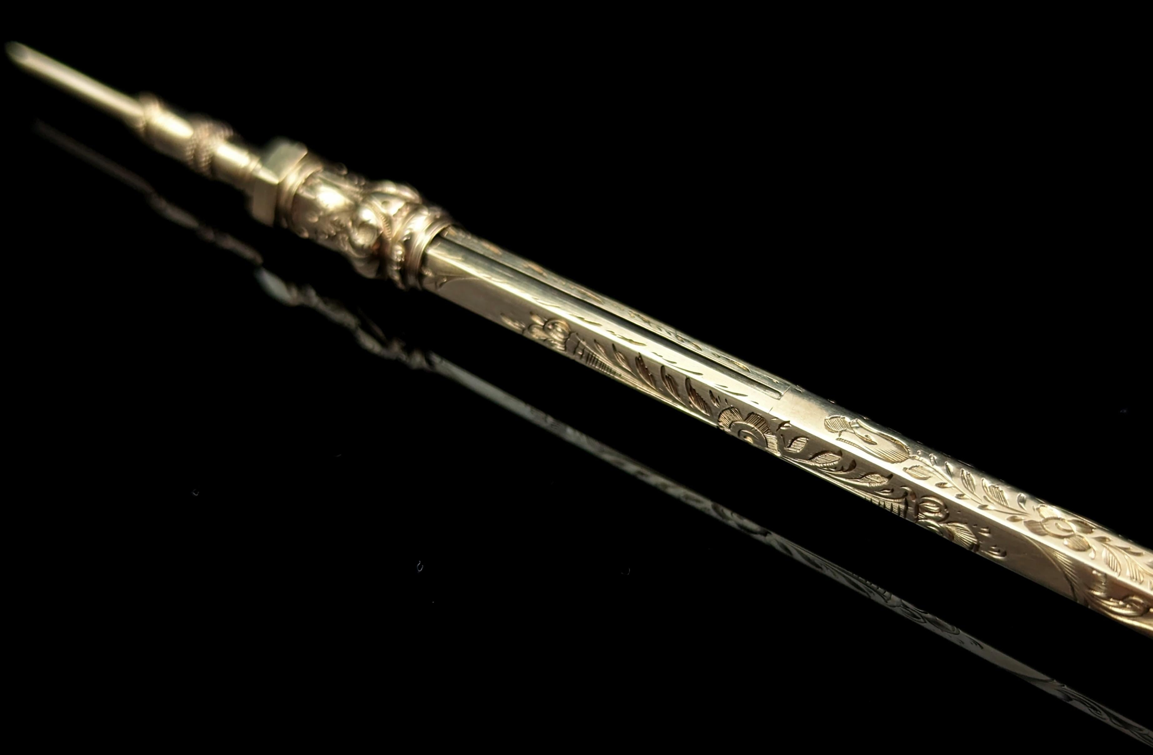 Antique Victorian 9k Gold Propelling Pencil, Citrine Seal Top 3