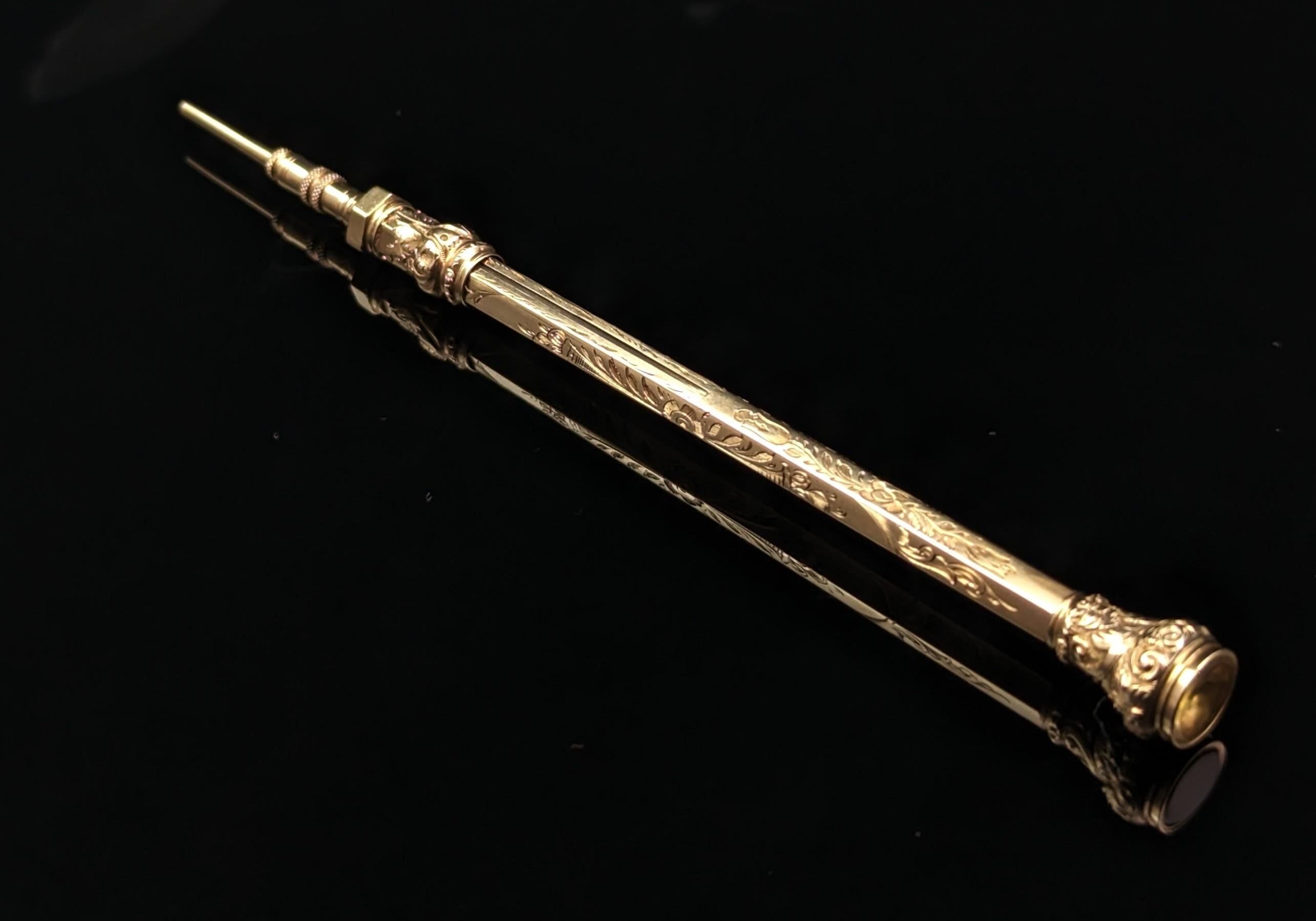 Antique Victorian 9k Gold Propelling Pencil, Citrine Seal Top 5