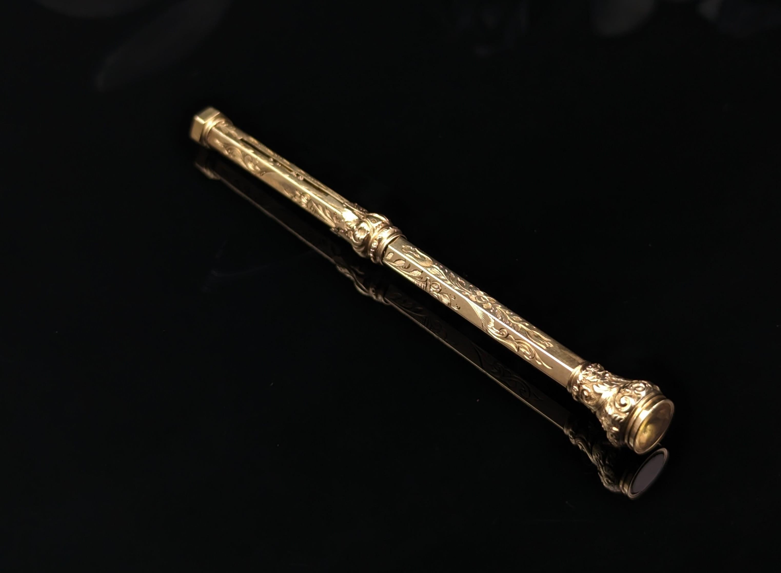 Antique Victorian 9k Gold Propelling Pencil, Citrine Seal Top In Good Condition In NEWARK, GB
