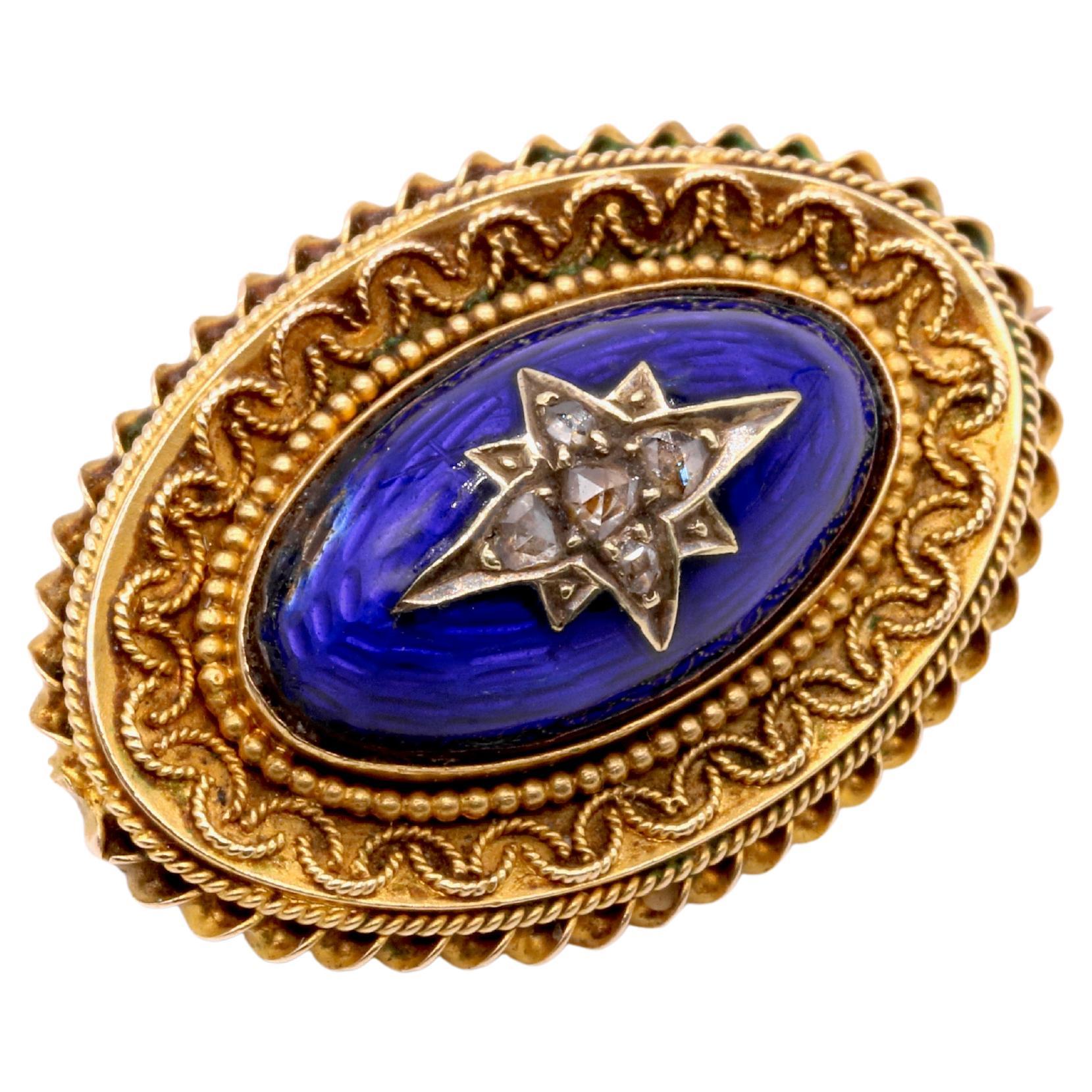 Antique Victorian 9K Gold Rose Cut Diamond & Blue Enamel Etruscan Revival Brooch