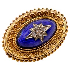 Antique Victorian 9K Gold Rose Cut Diamond & Blue Enamel Etruscan Revival Brooch