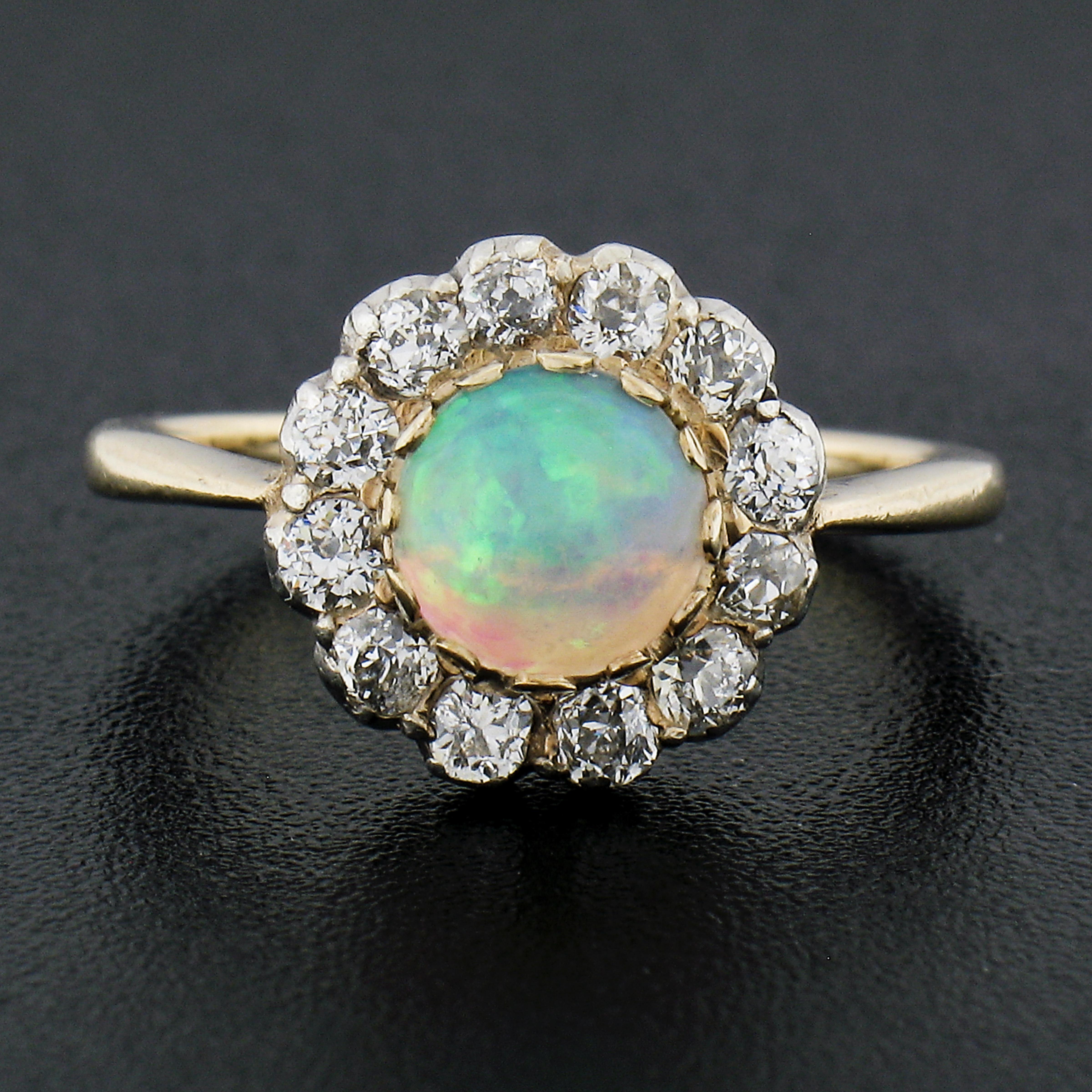 Round Cut Antique Victorian 9K Gold Round Opal Solitaire w/ Old Cut Diamond Halo Ring