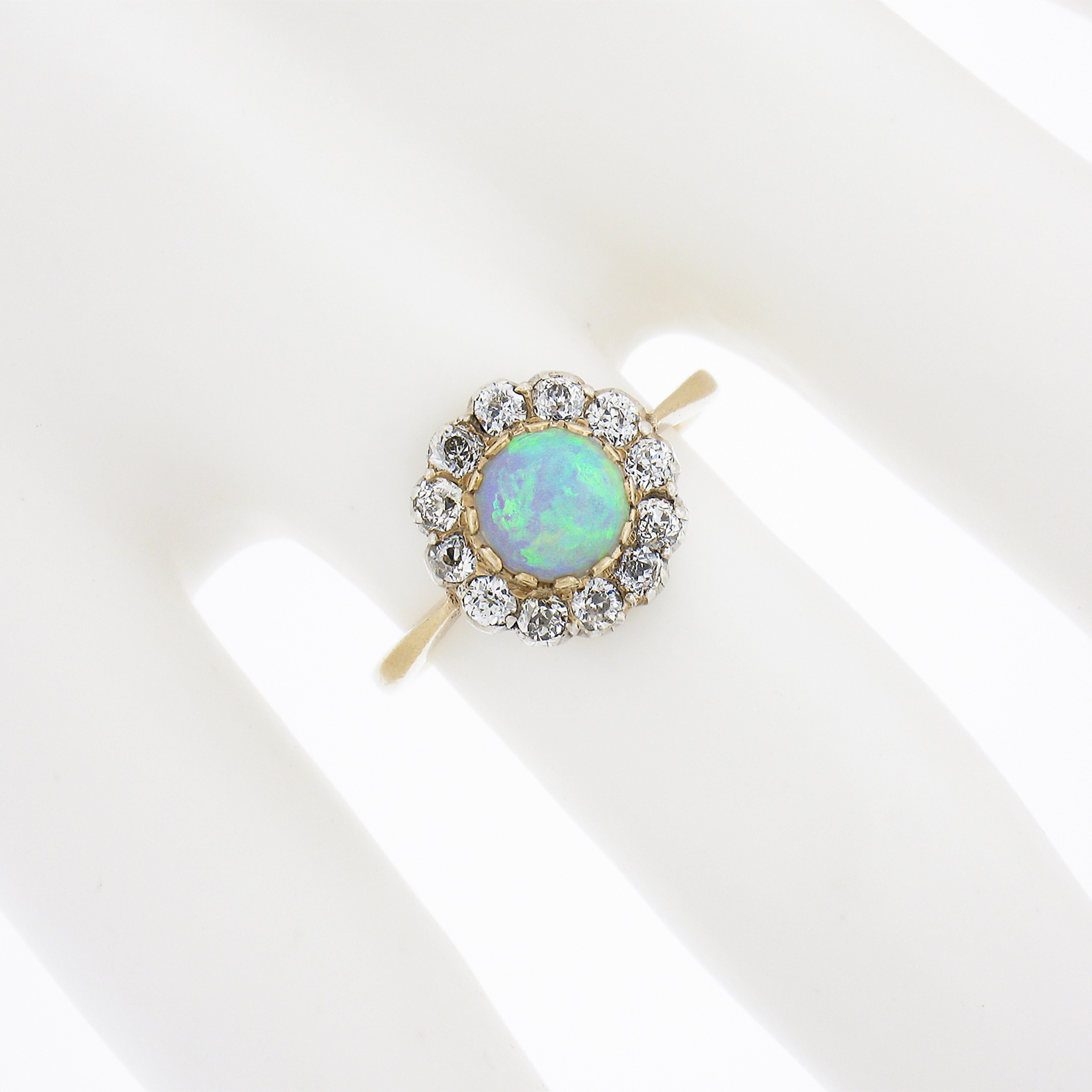 Antique Victorian 9K Gold Round Opal Solitaire w/ Old Cut Diamond Halo Ring In Excellent Condition For Sale In Montclair, NJ