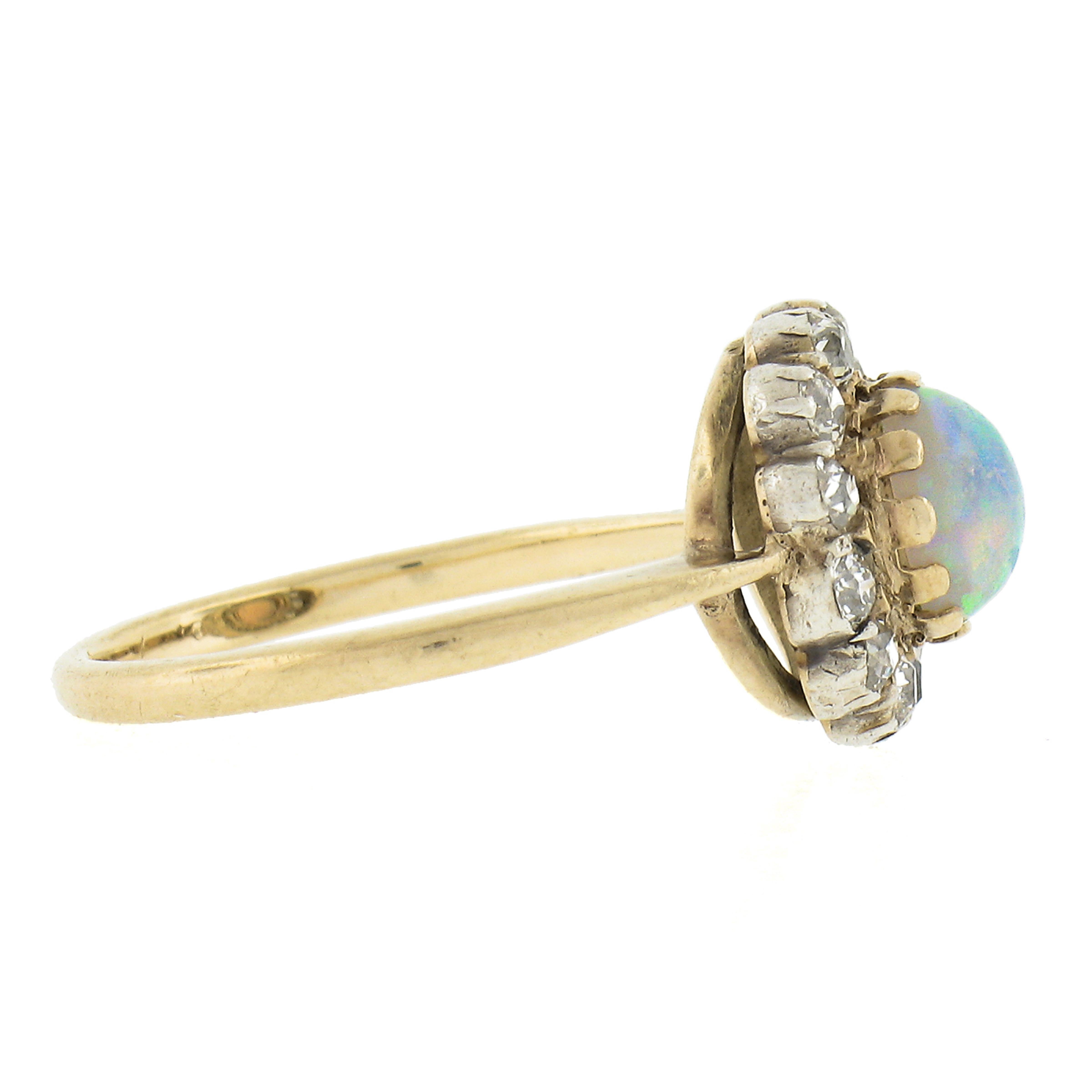 Women's Antique Victorian 9K Gold Round Opal Solitaire w/ Old Cut Diamond Halo Ring For Sale
