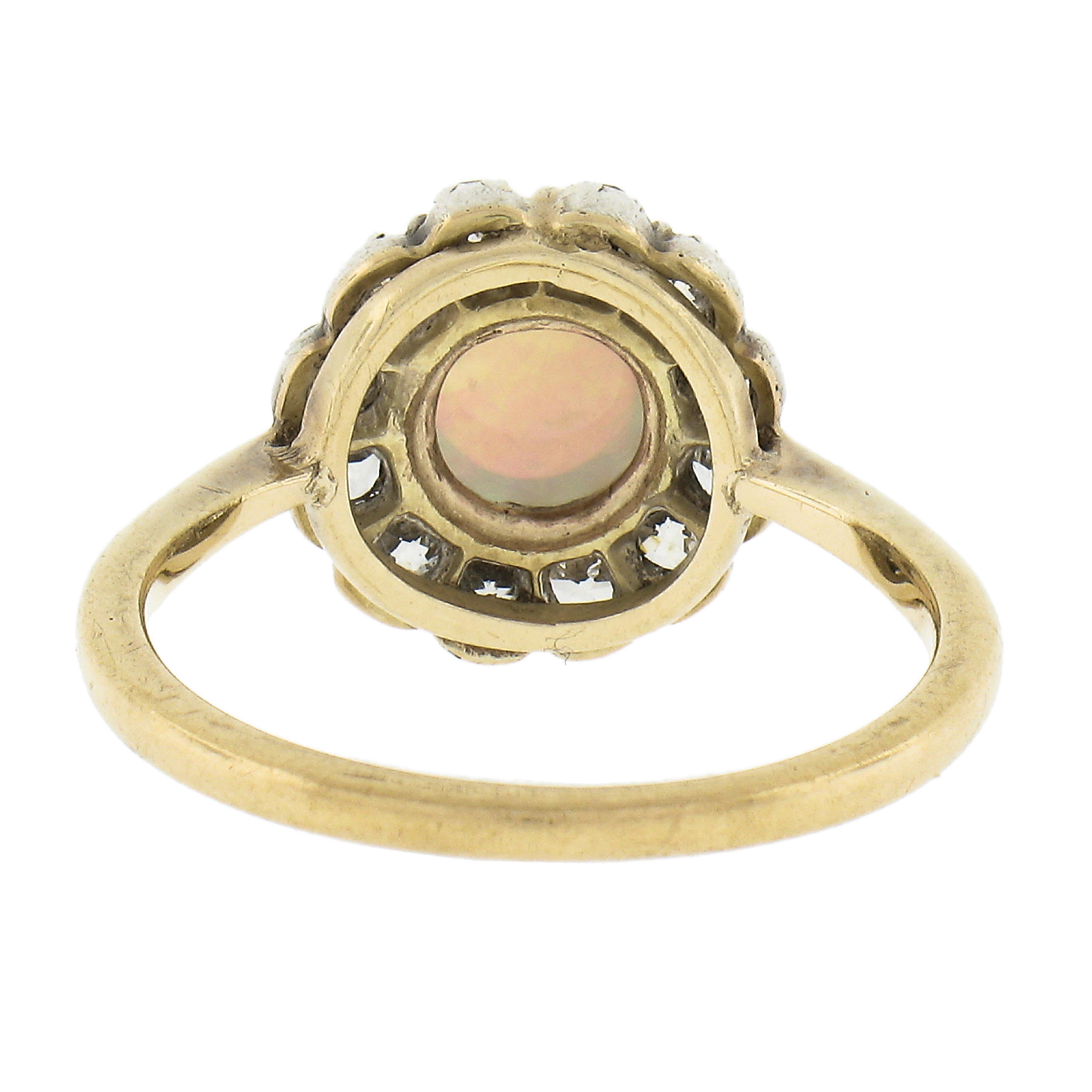 Antique Victorian 9K Gold Round Opal Solitaire w/ Old Cut Diamond Halo Ring For Sale 2