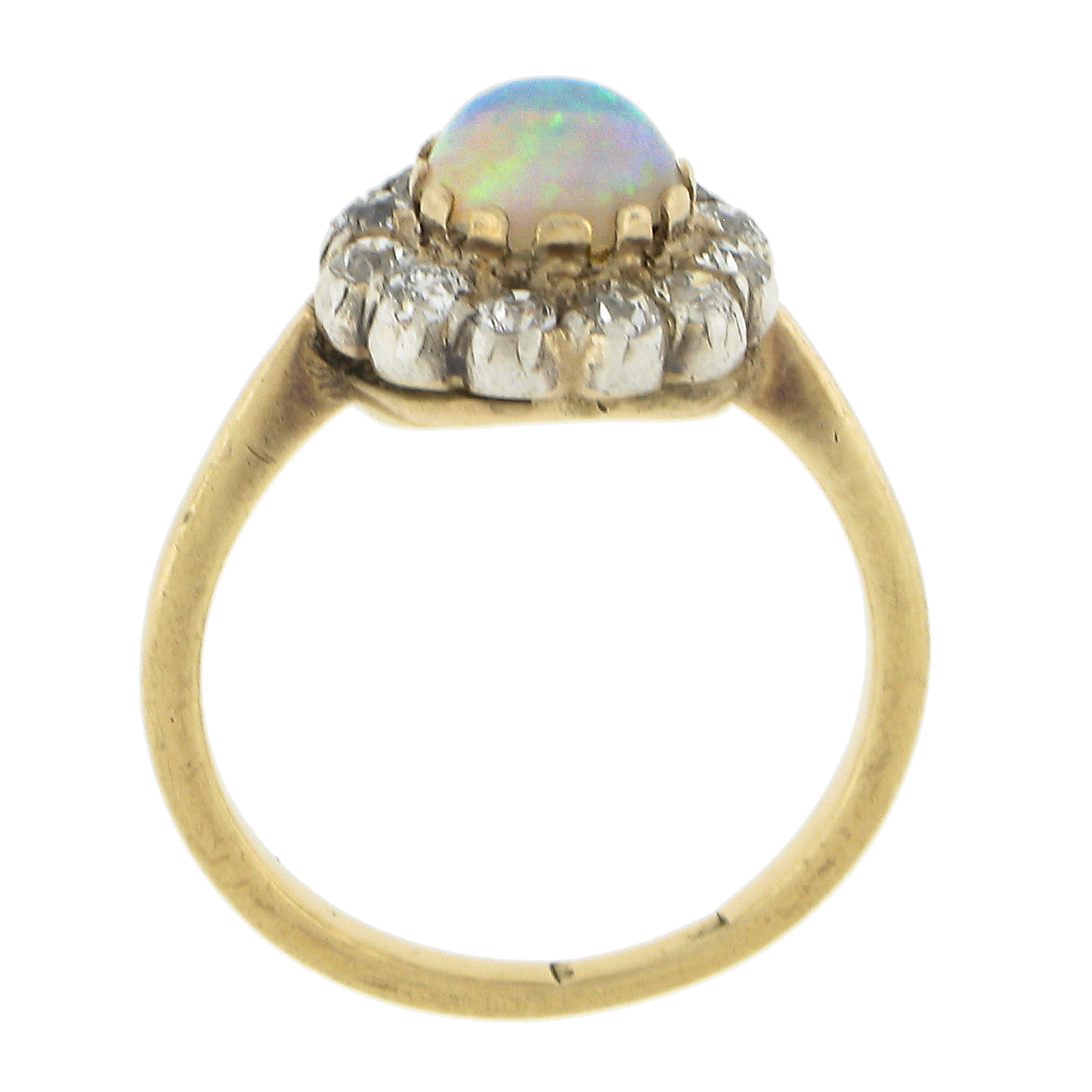 Antique Victorian 9K Gold Round Opal Solitaire w/ Old Cut Diamond Halo Ring For Sale 3