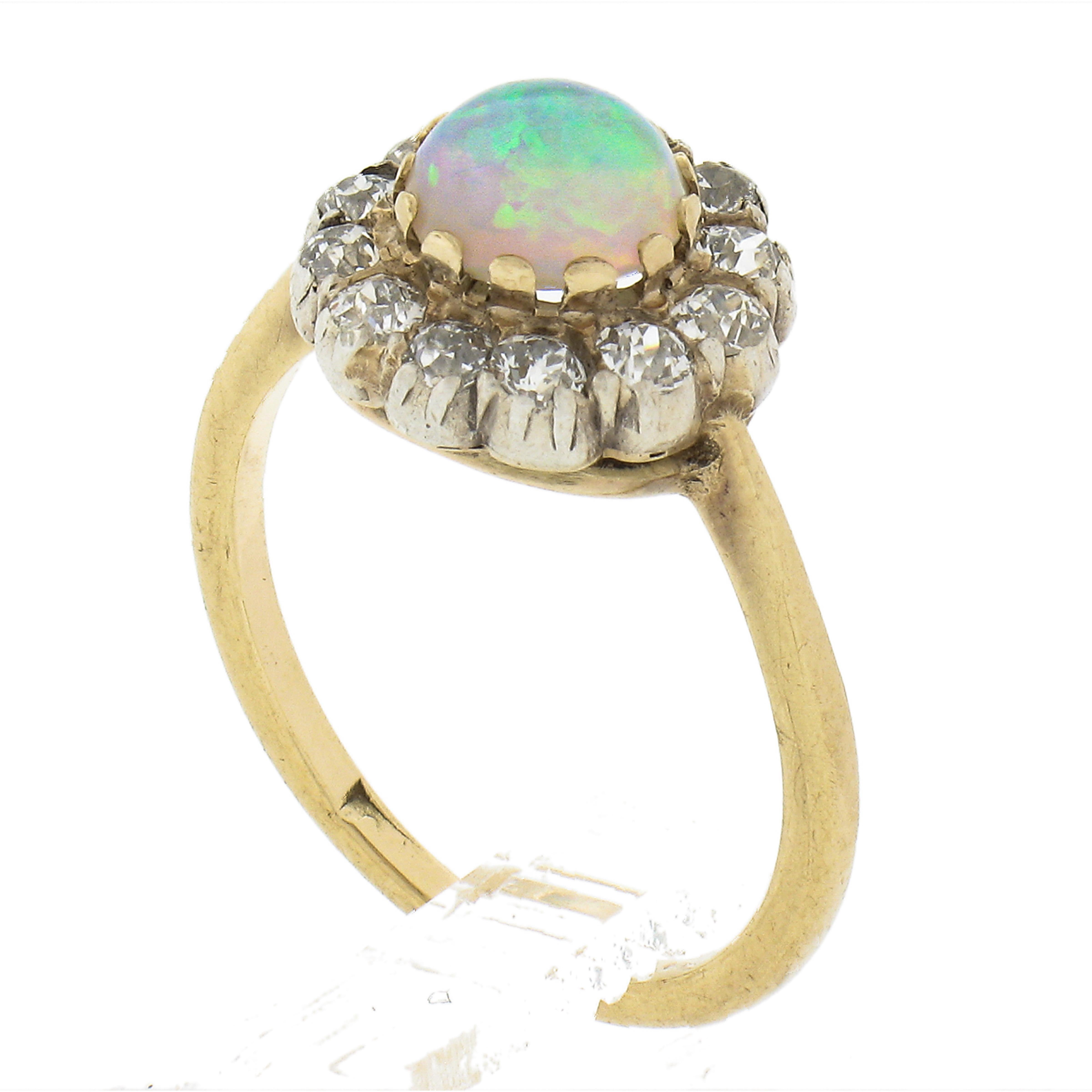 Antique Victorian 9K Gold Round Opal Solitaire w/ Old Cut Diamond Halo Ring For Sale 4