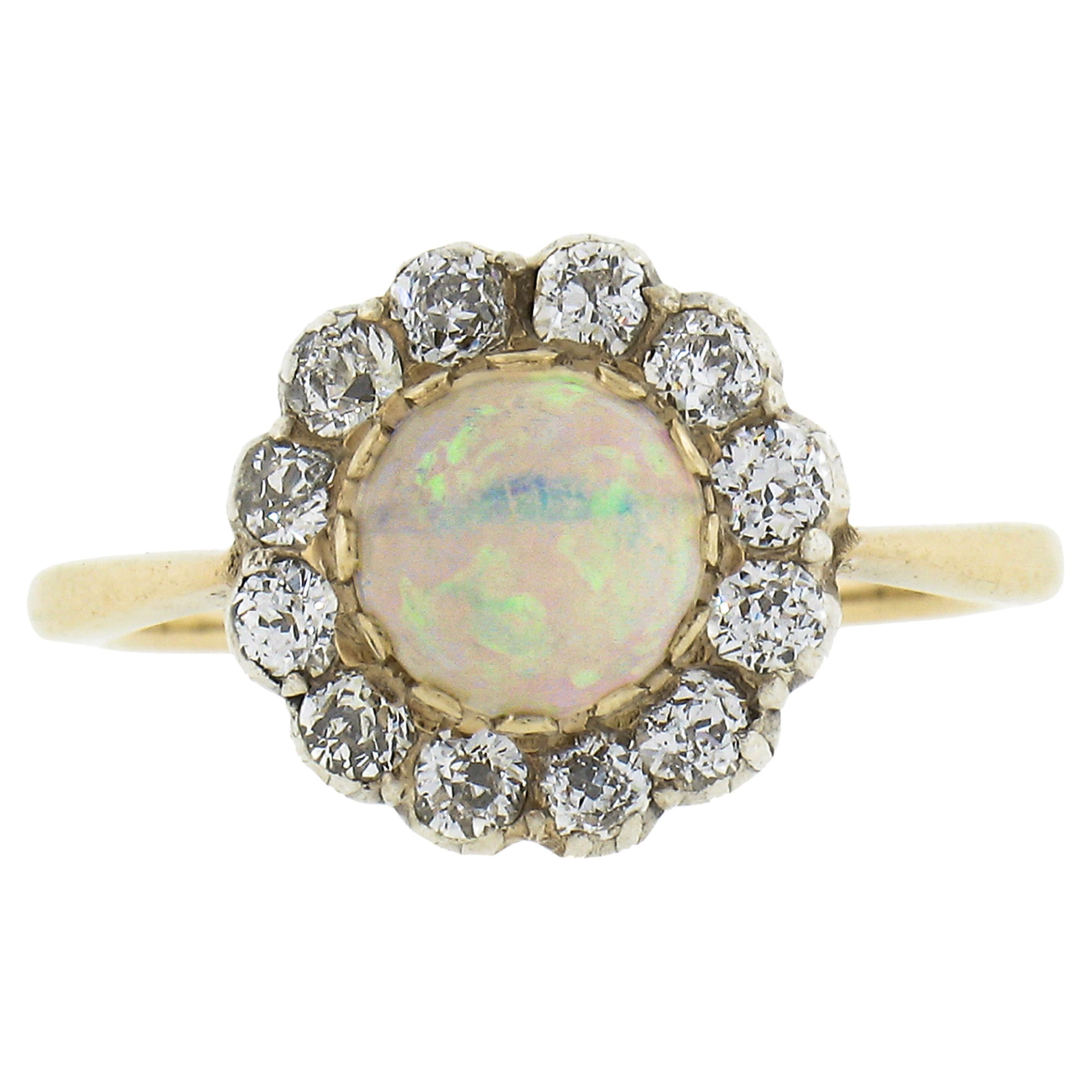 Antique Victorian 9K Gold Round Opal Solitaire w/ Old Cut Diamond Halo Ring For Sale