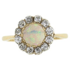 Antique Victorian 9K Gold Round Opal Solitaire w/ Old Cut Diamond Halo Ring