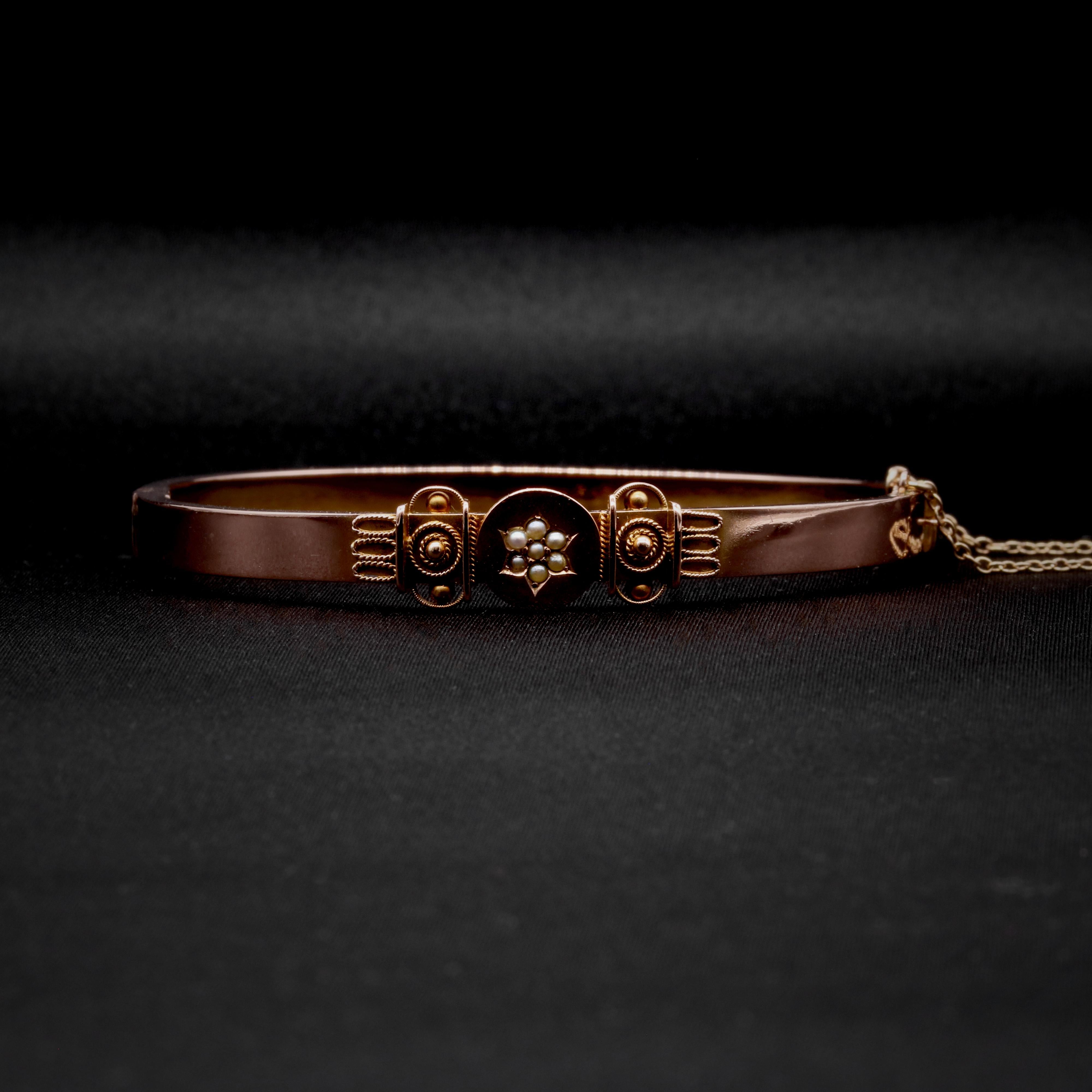 Round Cut Antique Victorian 9K Gold Seed Pearl Etruscan Revival Bangle For Sale