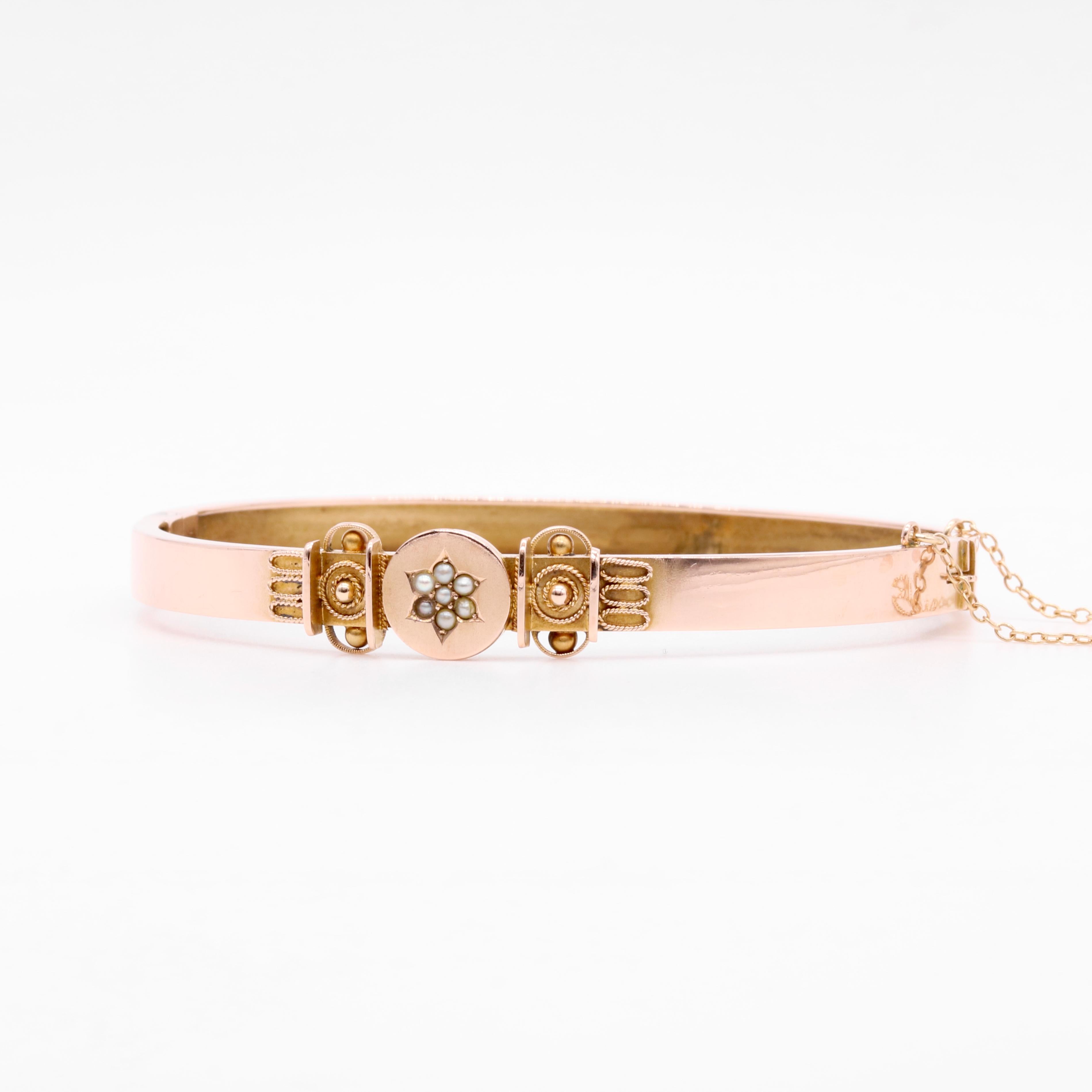 Antique Victorian 9K Gold Seed Pearl Etruscan Revival Bangle In Good Condition For Sale In Staines-Upon-Thames, GB