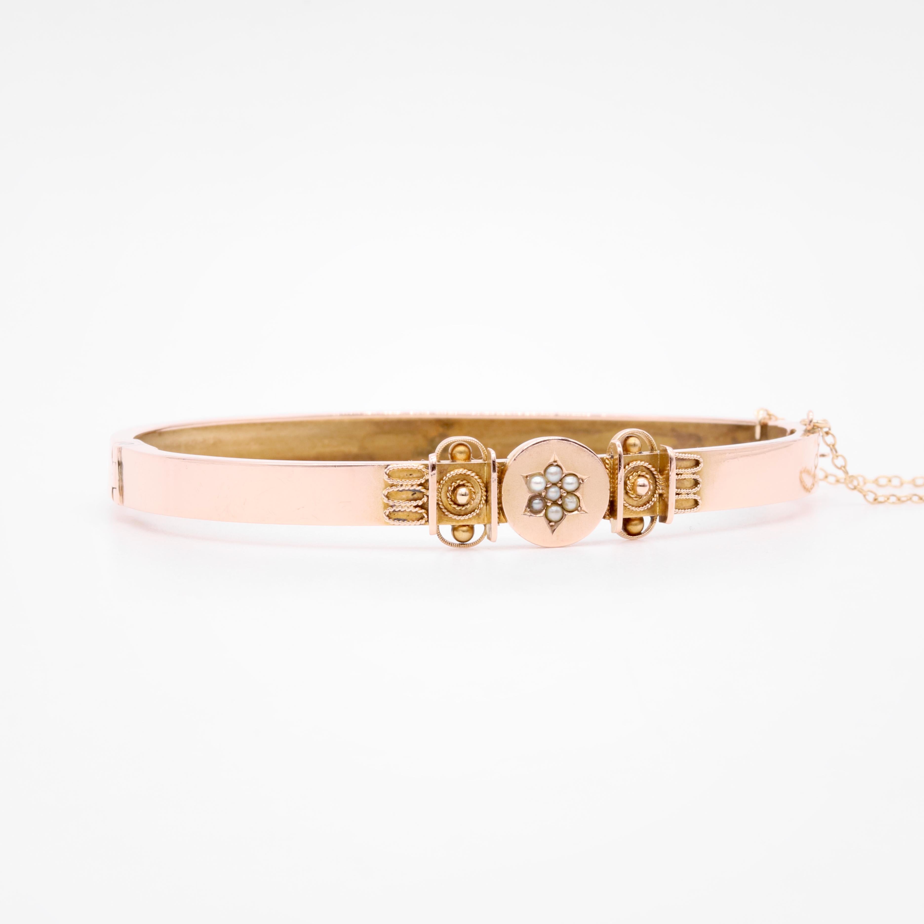 Women's or Men's Antique Victorian 9K Gold Seed Pearl Etruscan Revival Bangle For Sale