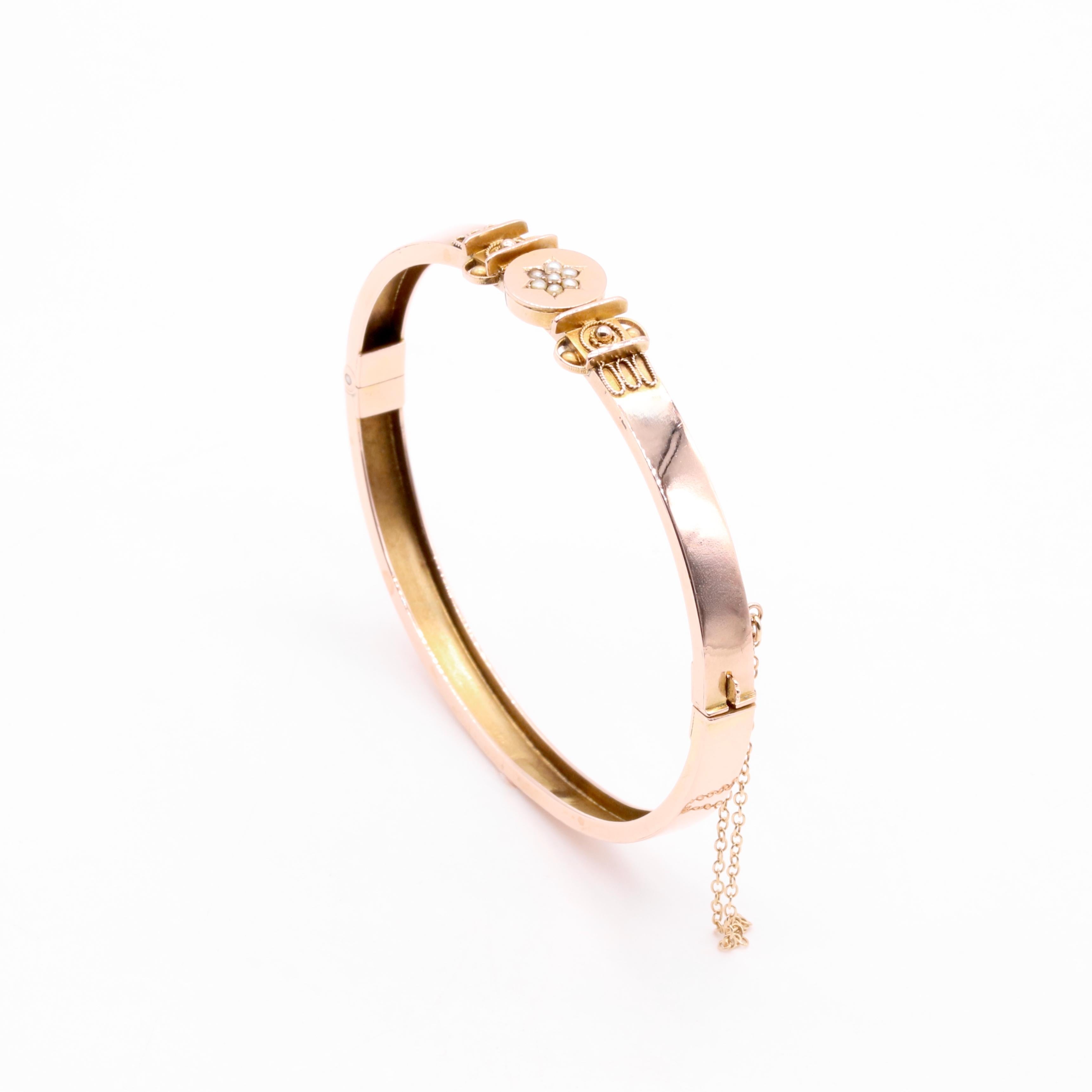 Antique Victorian 9K Gold Seed Pearl Etruscan Revival Bangle For Sale 4