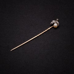 Antique Victorian 9K Gold & Silver Rose Cut Diamond and Pearl Pear Stick Pin