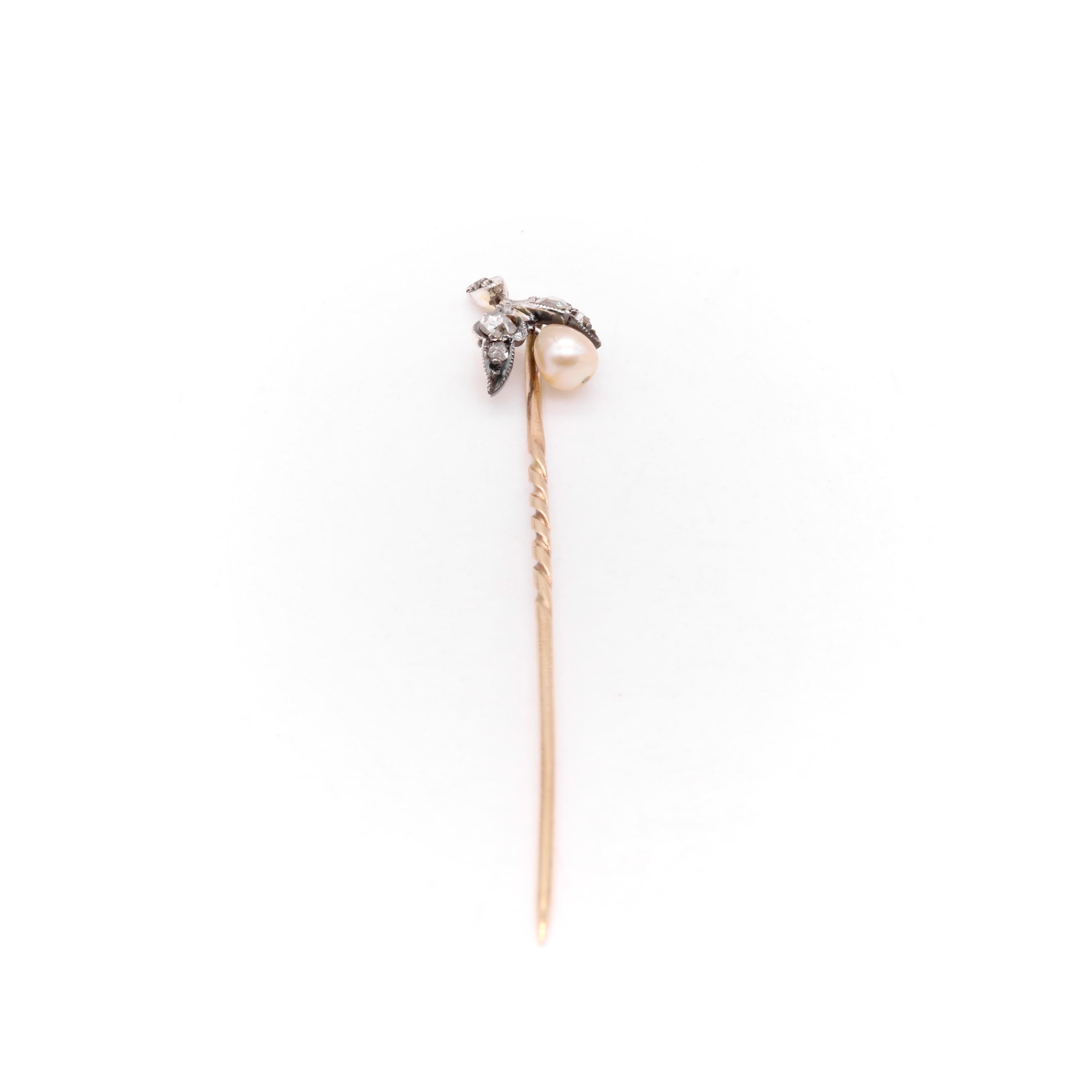 Women's or Men's Antique Victorian 9K Gold & Silver Rose Cut Diamond and Pearl Pear Stick Pin