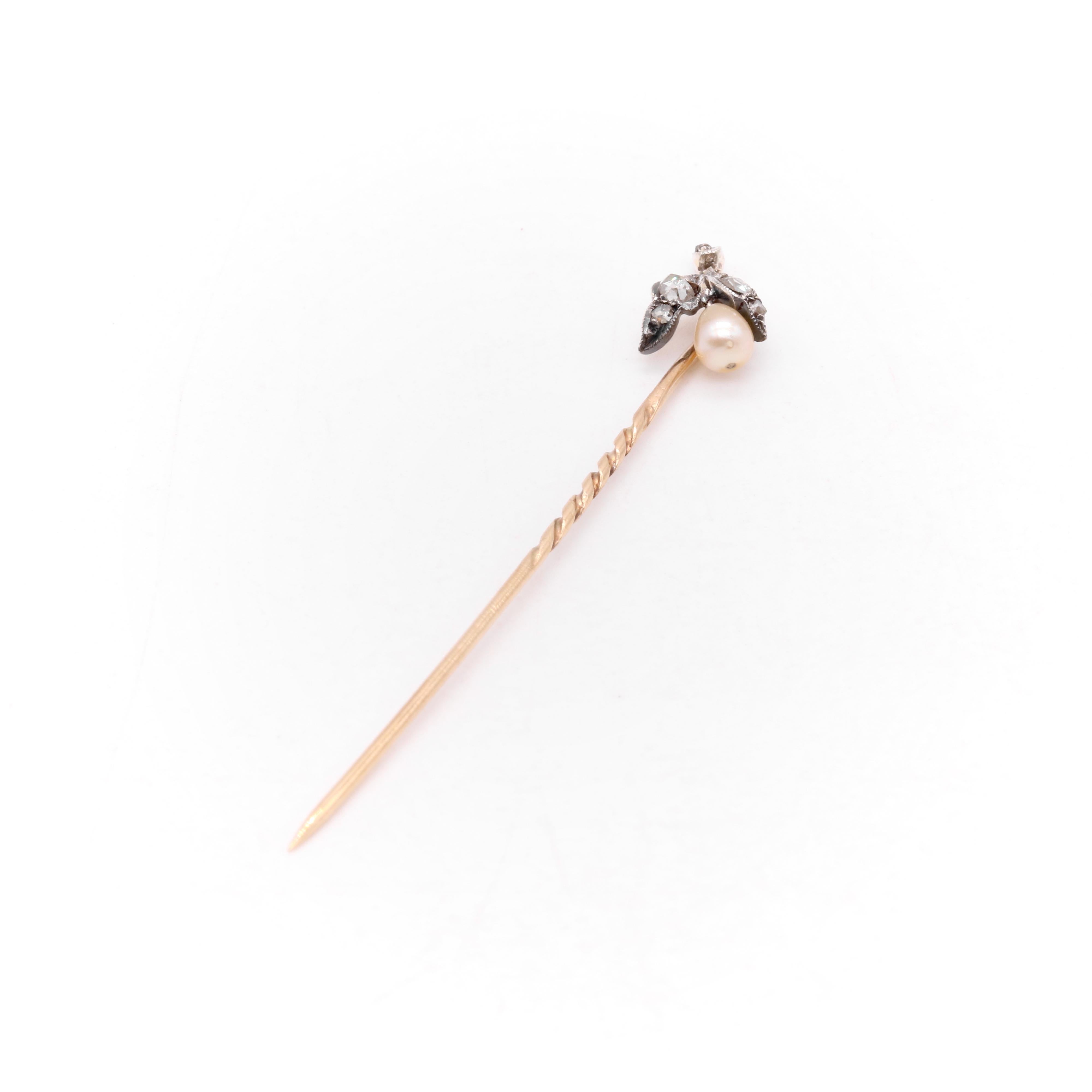 Antique Victorian 9K Gold & Silver Rose Cut Diamond and Pearl Pear Stick Pin 1