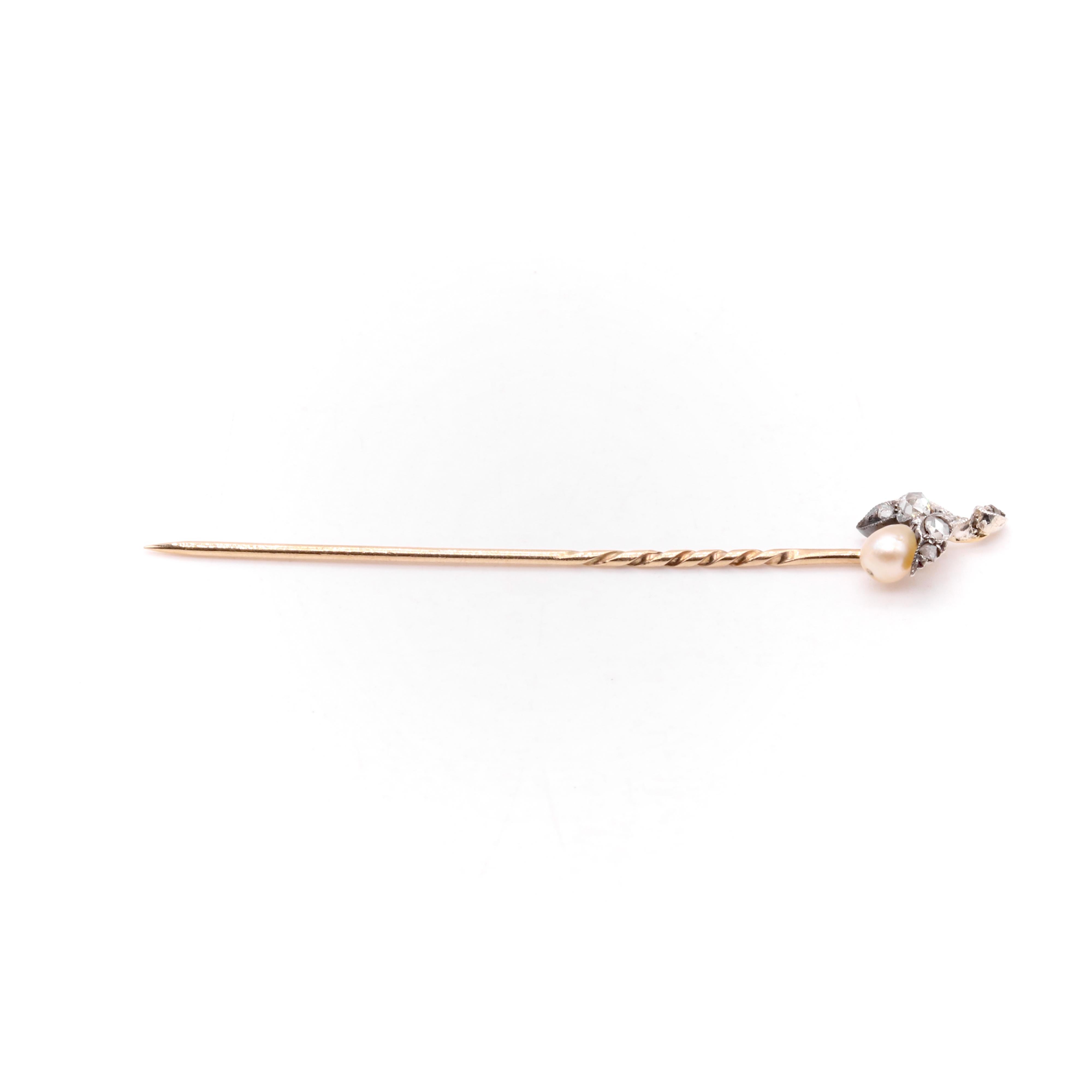 Antique Victorian 9K Gold & Silver Rose Cut Diamond and Pearl Pear Stick Pin 2