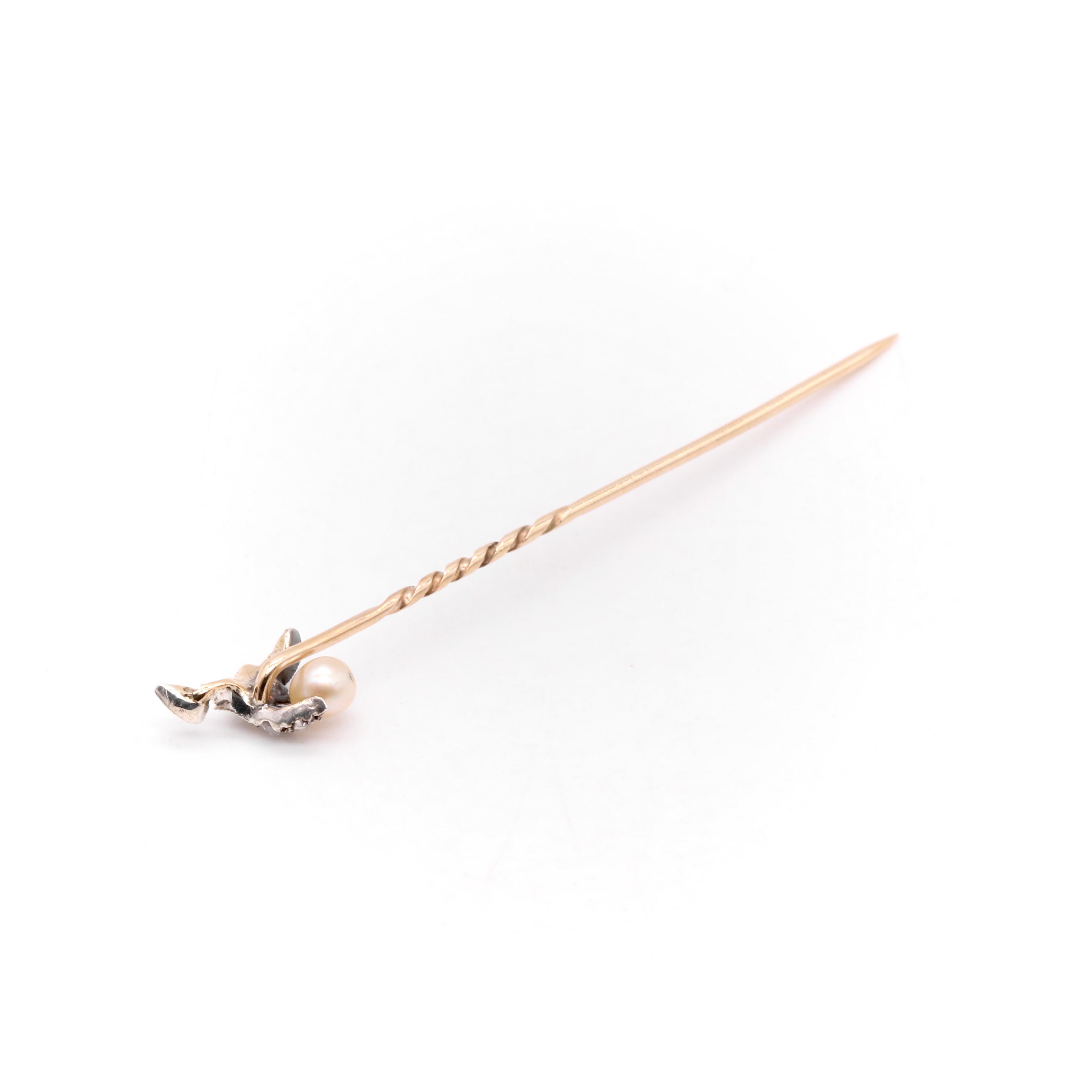 Antique Victorian 9K Gold & Silver Rose Cut Diamond and Pearl Pear Stick Pin 4