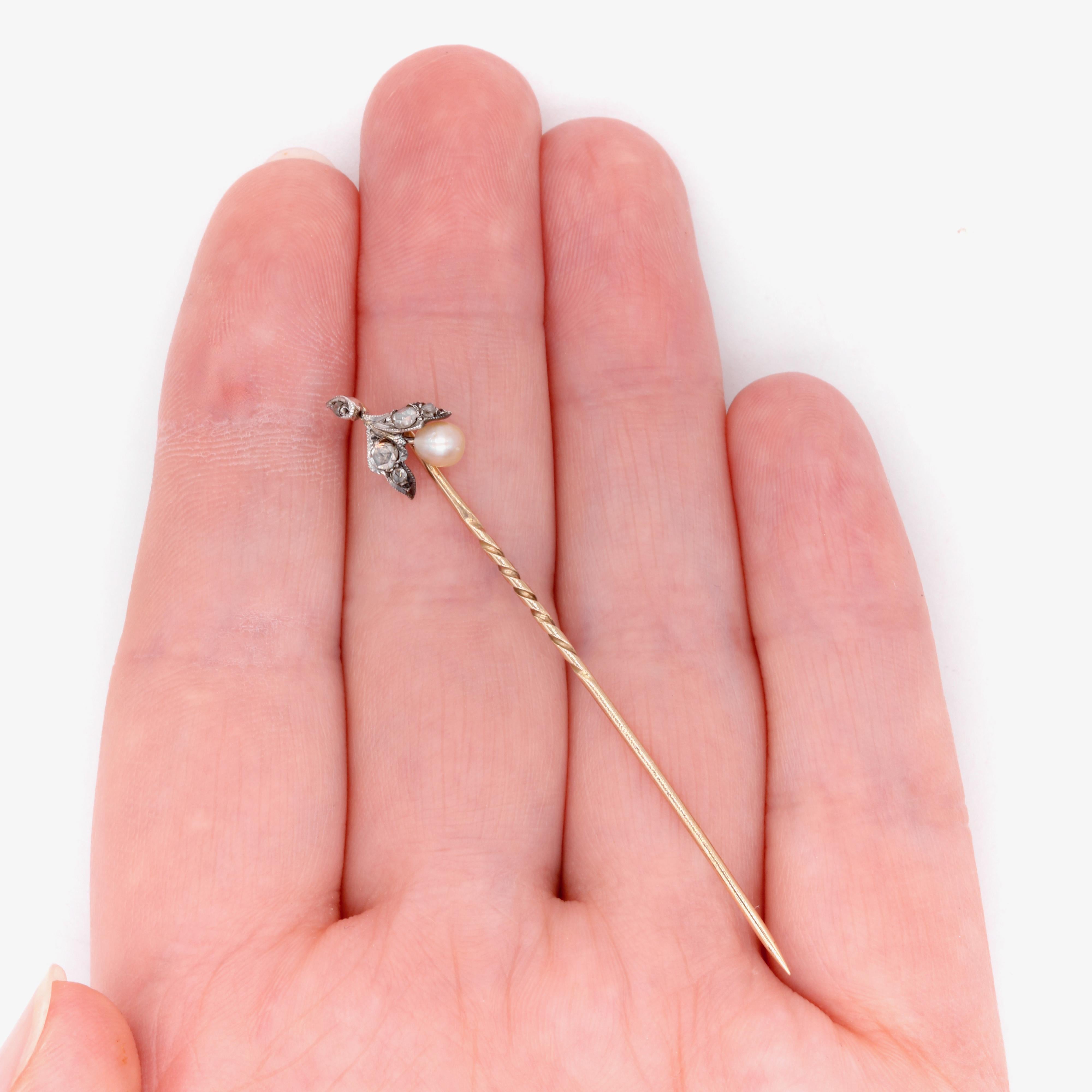 Antique Victorian 9K Gold & Silver Rose Cut Diamond and Pearl Pear Stick Pin 5
