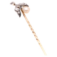 Antique Victorian 9K Gold & Silver Rose Cut Diamond and Pearl Pear Stick Pin