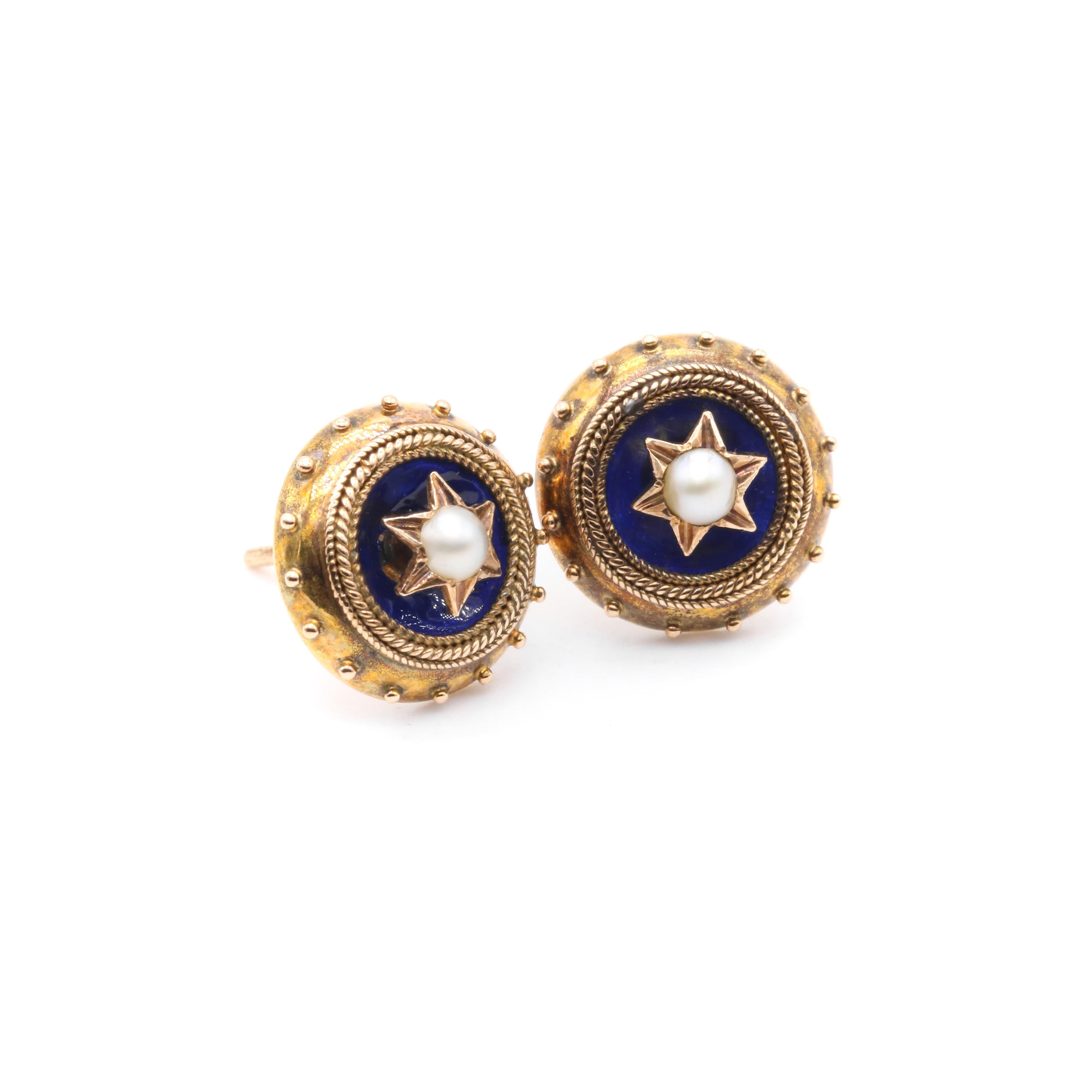 da uomo o donna Orecchini antichi vittoriani in oro 9 carati con stella, perla e smalto blu di Etruscan Revival in vendita