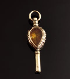 Antique Victorian 9k Gold Watch Key Pendant, Citrine and Bloodstone
