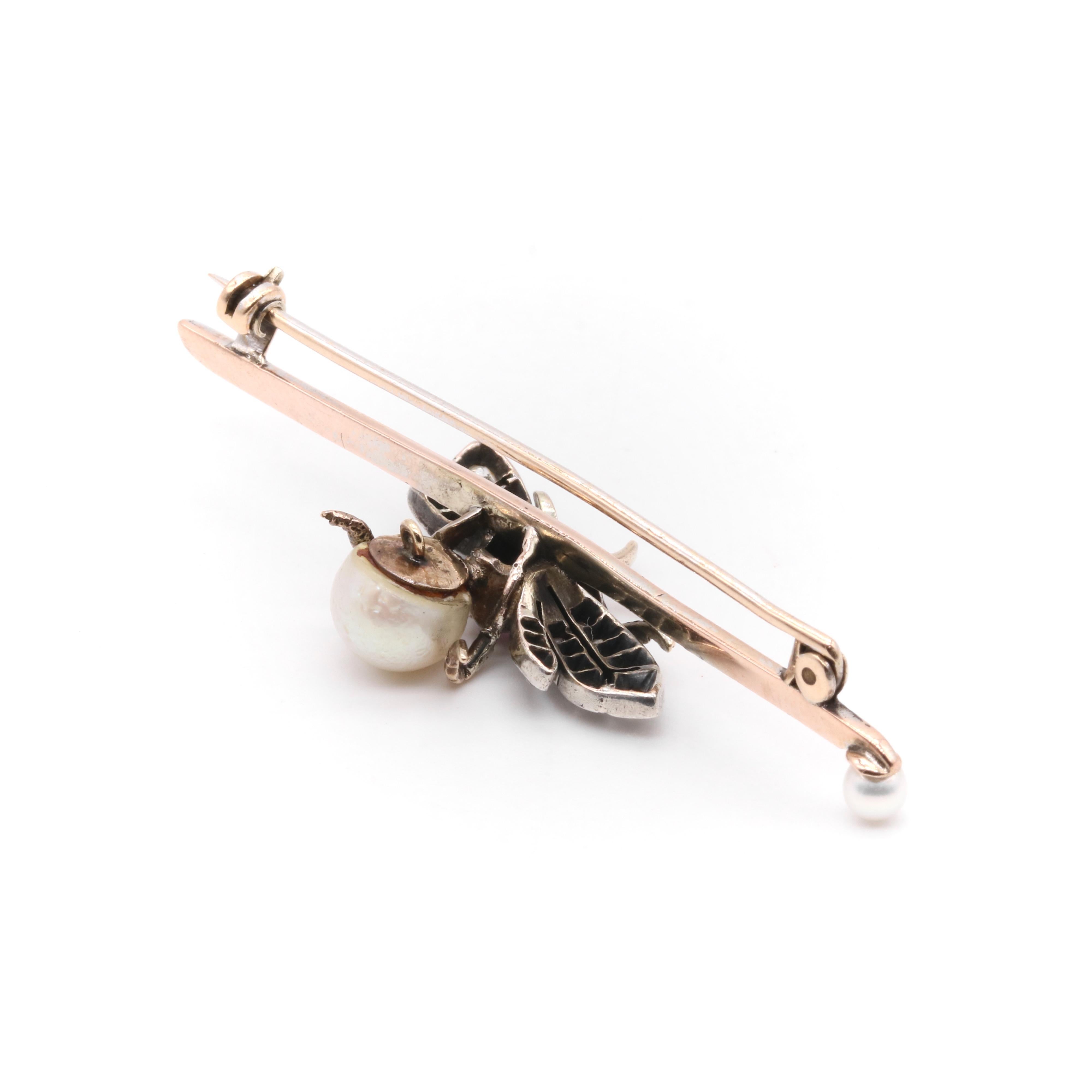 Antike viktorianische Brosche aus 9 Karat Roségold und Silber Rubin, Diamant und Perlen mit Insekten im Angebot 1