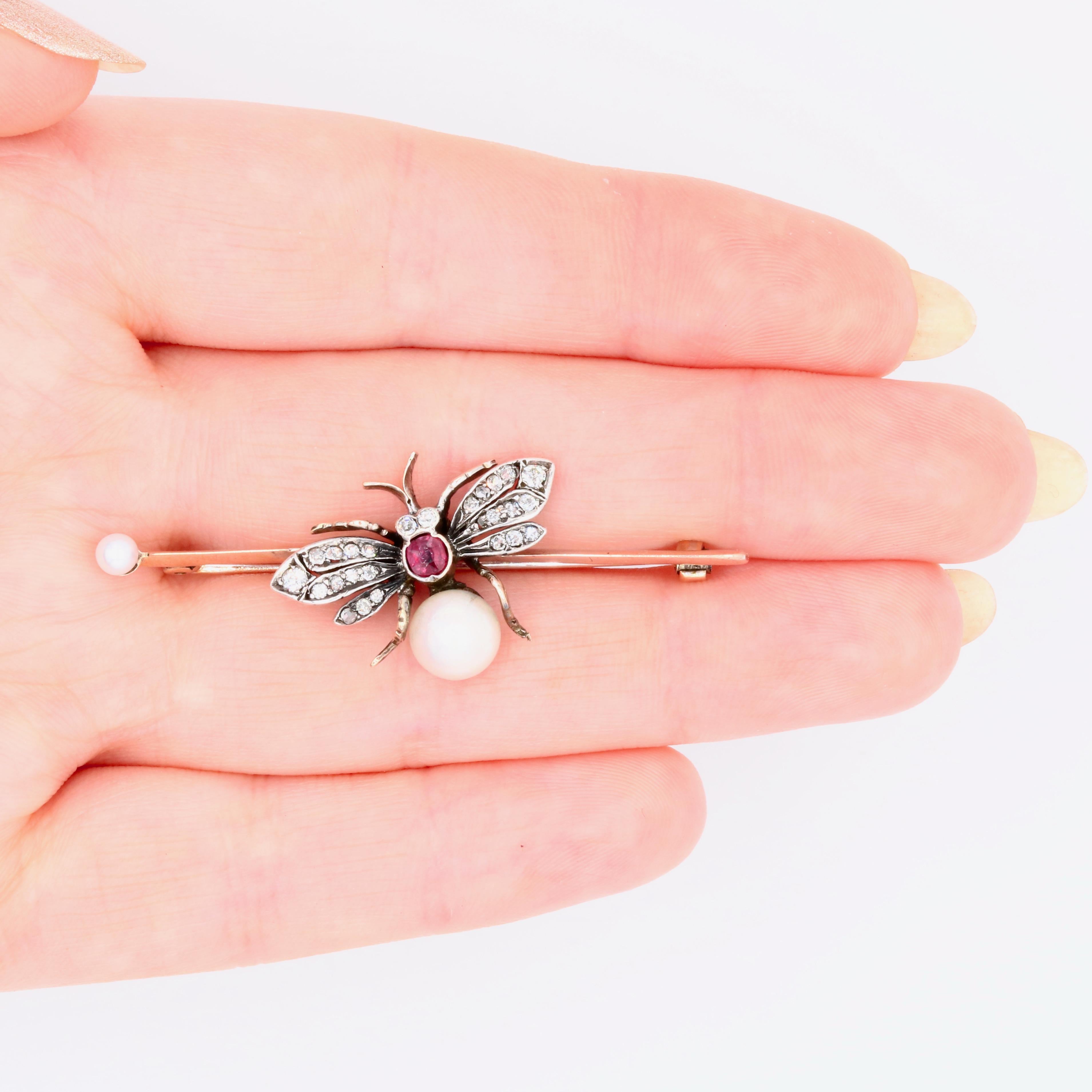 Antike viktorianische Brosche aus 9 Karat Roségold und Silber Rubin, Diamant und Perlen mit Insekten im Angebot 3