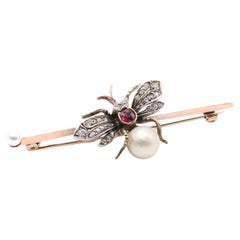 Antique Victorian 9K Rose Gold and Silver Ruby, Diamond and Pearl Insect Brooch