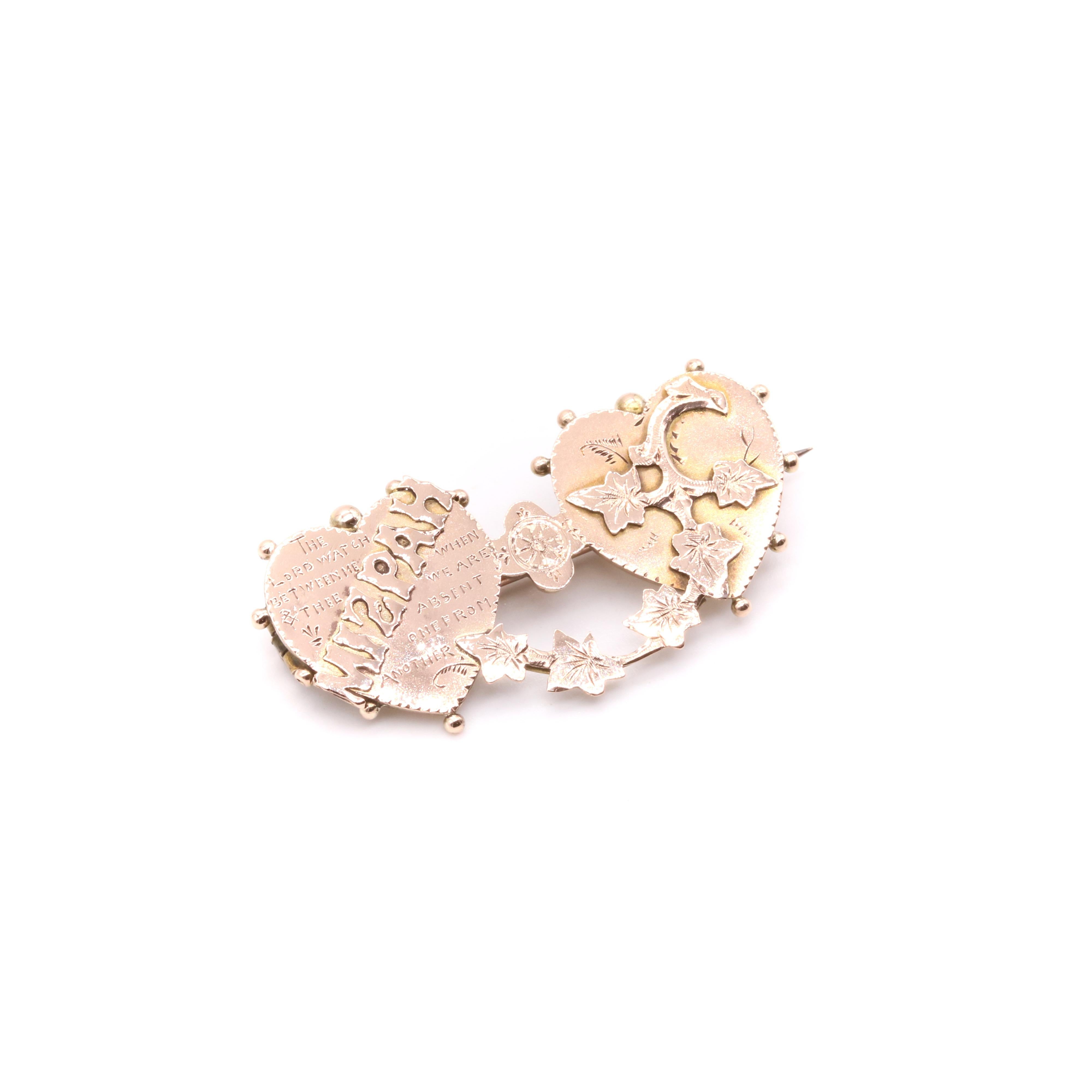 Women's or Men's Antique Victorian 9K Rose Gold Double Heart ‘MIZPAH’ Brooch For Sale