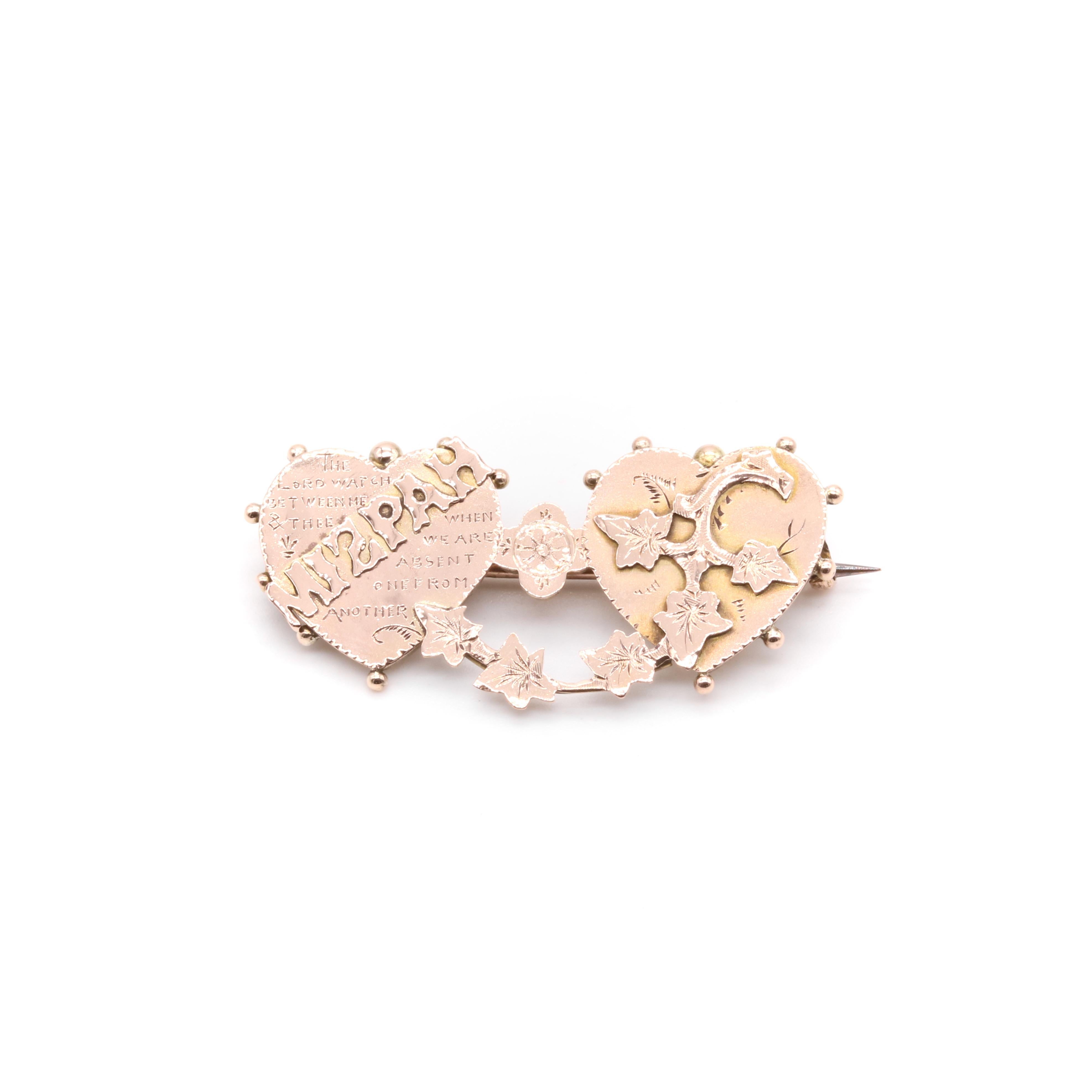 Antique Victorian 9K Rose Gold Double Heart ‘MIZPAH’ Brooch For Sale 1