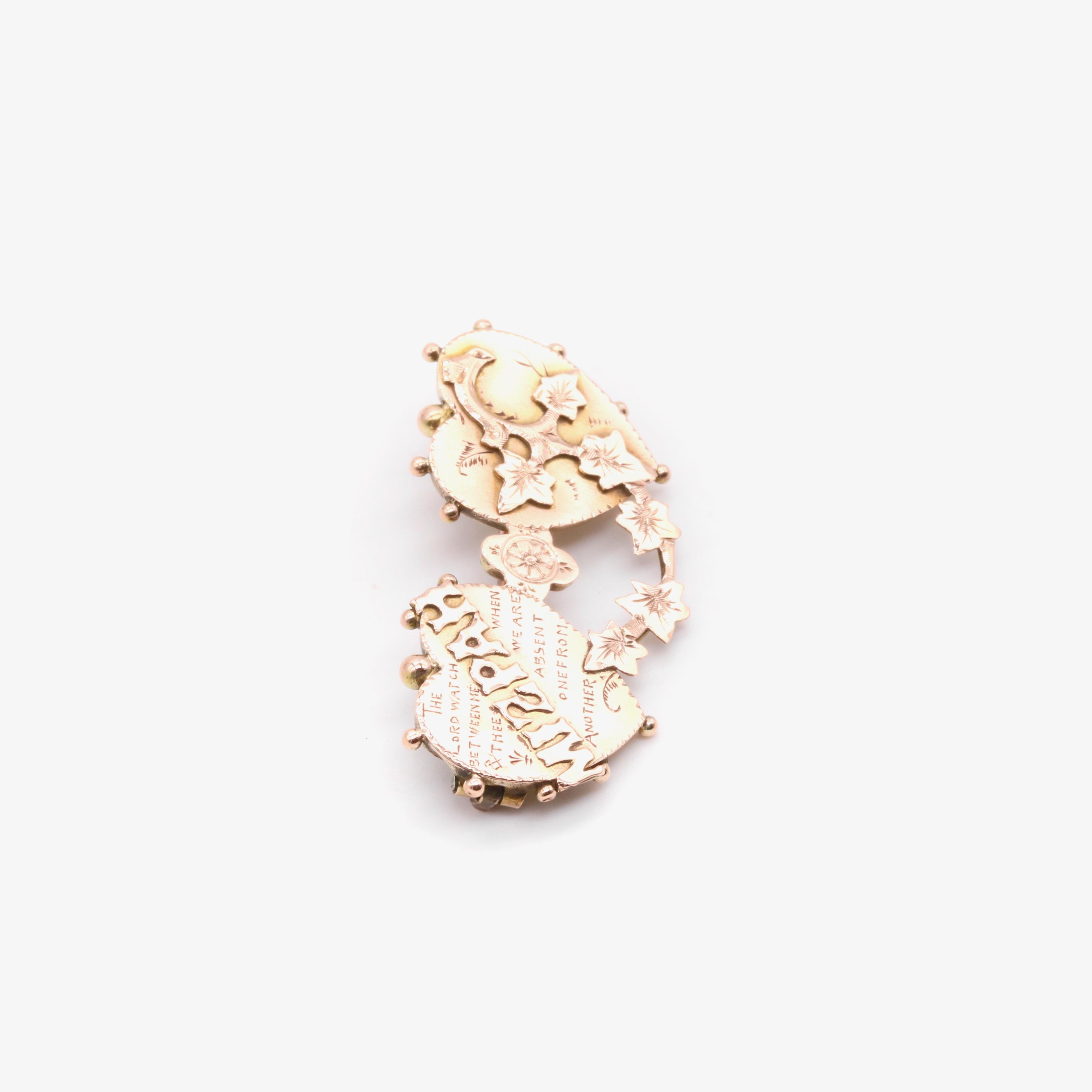 Antique Victorian 9K Rose Gold Double Heart ‘MIZPAH’ Brooch For Sale 2