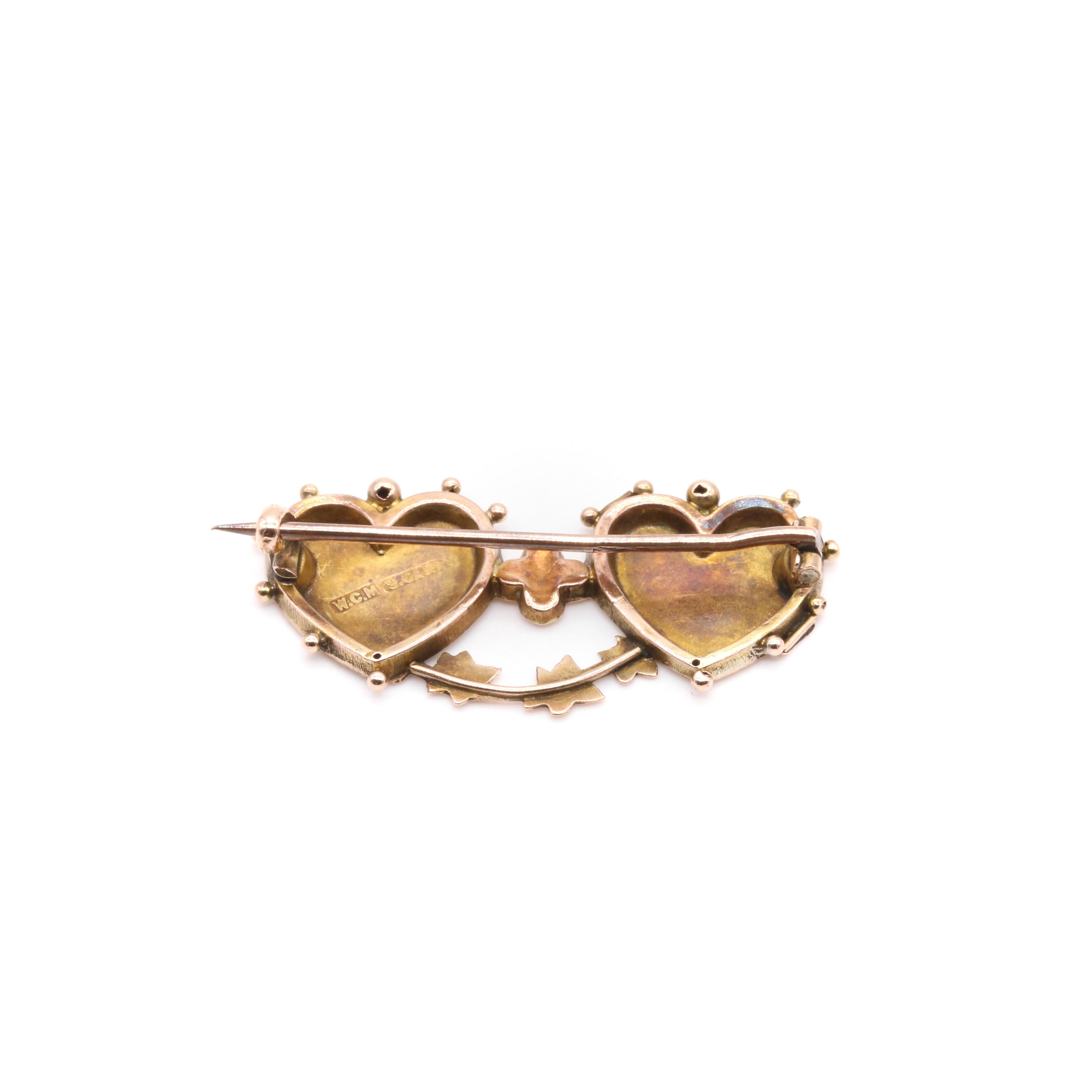 Antique Victorian 9K Rose Gold Double Heart ‘MIZPAH’ Brooch For Sale 3
